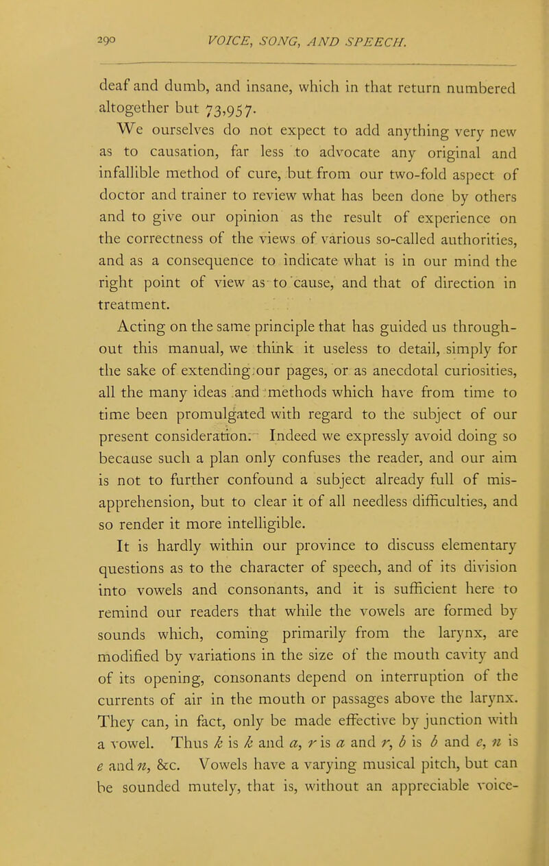 deaf and dumb, and insane, which in that return numbered altogether but 73,957. We ourselves do not expect to add anything very new as to causation, far less to advocate any original and infallible method of cure, but from our two-fold aspect of doctor and trainer to review what has been done by others and to give our opinion as the result of experience on the correctness of the views of various so-called authorities, and as a consequence to indicate what is in our mind the right point of view as to cause, and that of direction in treatment. Acting on the same principle that has guided us through- out this manual, we think, it useless to detail, simply for the sake of extending;onr pages, or as anecdotal curiosities, all the many ideas and methods which have from time to time been promulgated with regard to the subject of our present consideration. Indeed we expressly avoid doing so because such a plan only confuses the reader, and our aim is not to further confound a subject already full of mis- apprehension, but to clear it of all needless difficulties, and so render it more intelligible. It is hardly within our province to discuss elementary questions as to the character of speech, and of its division into vowels and consonants, and it is sufficient here to remind our readers that while the vowels are formed by sounds which, coming primarily from the larynx, are modified by variations in the size of the mouth cavity and of its opening, consonants depend on interruption of the currents of air in the mouth or passages above the larynx. They can, in fact, only be made effective by junction with a vowel. Thus k is k and a, r is a and r, b is b and e, n is e and 11, &c. Vowels have a varying musical pitch, but can be sounded mutely, that is, without an appreciable voice-