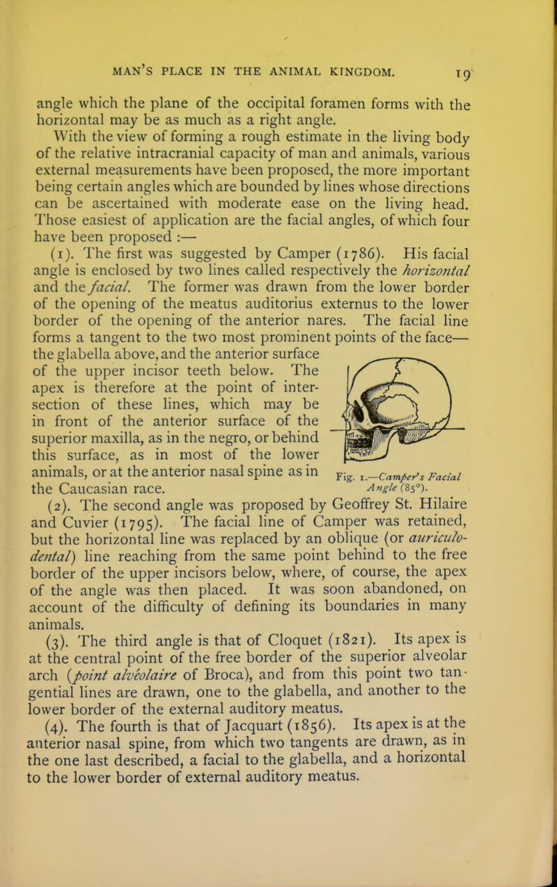 angle which the plane of the occipital foramen forms with the horizontal may be as much as a right angle. With the view of forming a rough estimate in the living body of the relative intracranial capacity of man and animals, various external measurements have been proposed, the more important being certain angles which are bounded by lines whose directions can be ascertained with moderate ease on the living head. Those easiest of application are the facial angles, of which four have been proposed :— (1) . The first was suggested by Camper (1786). His facial angle is enclosed by two lines called respectively the horizontal and the facial. The former was drawn from the lower border of the opening of the meatus auditorius externus to the lower border of the opening of the anterior nares. The facial line forms a tangent to the two most prominent points of the face— the glabella above, and the anterior surface of the upper incisor teeth below. The apex is therefore at the point of inter- section of these lines, which may be in front of the anterior surface of the superior maxilla, as in the negro, or behind this surface, as in most of the lower animals, or at the anterior nasal spine as in Fig t _C<H^^, FacM the Caucasian race. AngU(zs°). (2) . The second angle was proposed by Geoffrey St. Hilaire and Cuvier (1795). The facial line of Camper was retained, but the horizontal line was replaced by an oblique (or auriculo- dental) line reaching from the same point behind to the free border of the upper incisors below, where, of course, the apex of the angle was then placed. It was soon abandoned, on account of the difficulty of defining its boundaries in many animals. (3) . The third angle is that of Cloquet (1821). Its apex is at the central point of the free border of the superior alveolar arch {point alveolaire of Broca), and from this point two tan • gential lines are drawn, one to the glabella, and another to the lower border of the external auditory meatus. (4) . The fourth is that of Jacquart (1856). Its apex is at the anterior nasal spine, from which two tangents are drawn, as in the one last described, a facial to the glabella, and a horizontal to the lower border of external auditory meatus.