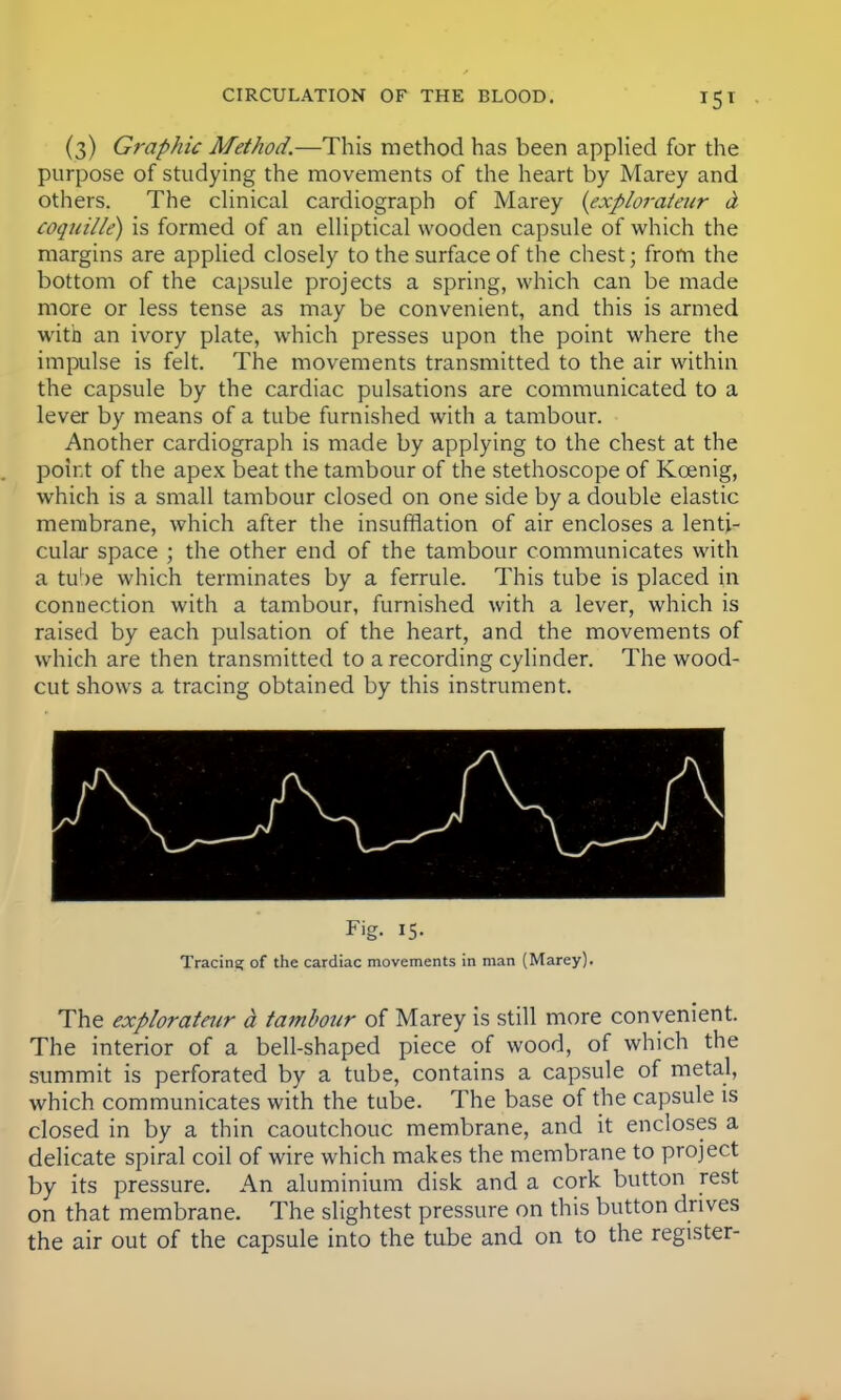 (3) Graphic Method.—This method has been applied for the purpose of studying the movements of the heart by Marey and others. The clinical cardiograph of Marey (explorateur d coquille) is formed of an elliptical wooden capsule of which the margins are applied closely to the surface of the chest; from the bottom of the capsule projects a spring, which can be made more or less tense as may be convenient, and this is armed with an ivory plate, which presses upon the point where the impulse is felt. The movements transmitted to the air within the capsule by the cardiac pulsations are communicated to a lever by means of a tube furnished with a tambour. Another cardiograph is made by applying to the chest at the point of the apex beat the tambour of the stethoscope of Kcenig, which is a small tambour closed on one side by a double elastic membrane, which after the insufflation of air encloses a lenti- cular space ; the other end of the tambour communicates with a tu^>e which terminates by a ferrule. This tube is placed in connection with a tambour, furnished with a lever, which is raised by each pulsation of the heart, and the movements of which are then transmitted to a recording cylinder. The wood- cut shows a tracing obtained by this instrument. Fig. 15- Tracing of the cardiac movements in man (Marey). The explorateur a tambour of Marey is still more convenient. The interior of a bell-shaped piece of wood, of which the summit is perforated by a tube, contains a capsule of metal, which communicates with the tube. The base of the capsule is closed in by a thin caoutchouc membrane, and it encloses a delicate spiral coil of wire which makes the membrane to project by its pressure. An aluminium disk and a cork button rest on that membrane. The slightest pressure on this button drives the air out of the capsule into the tube and on to the register-