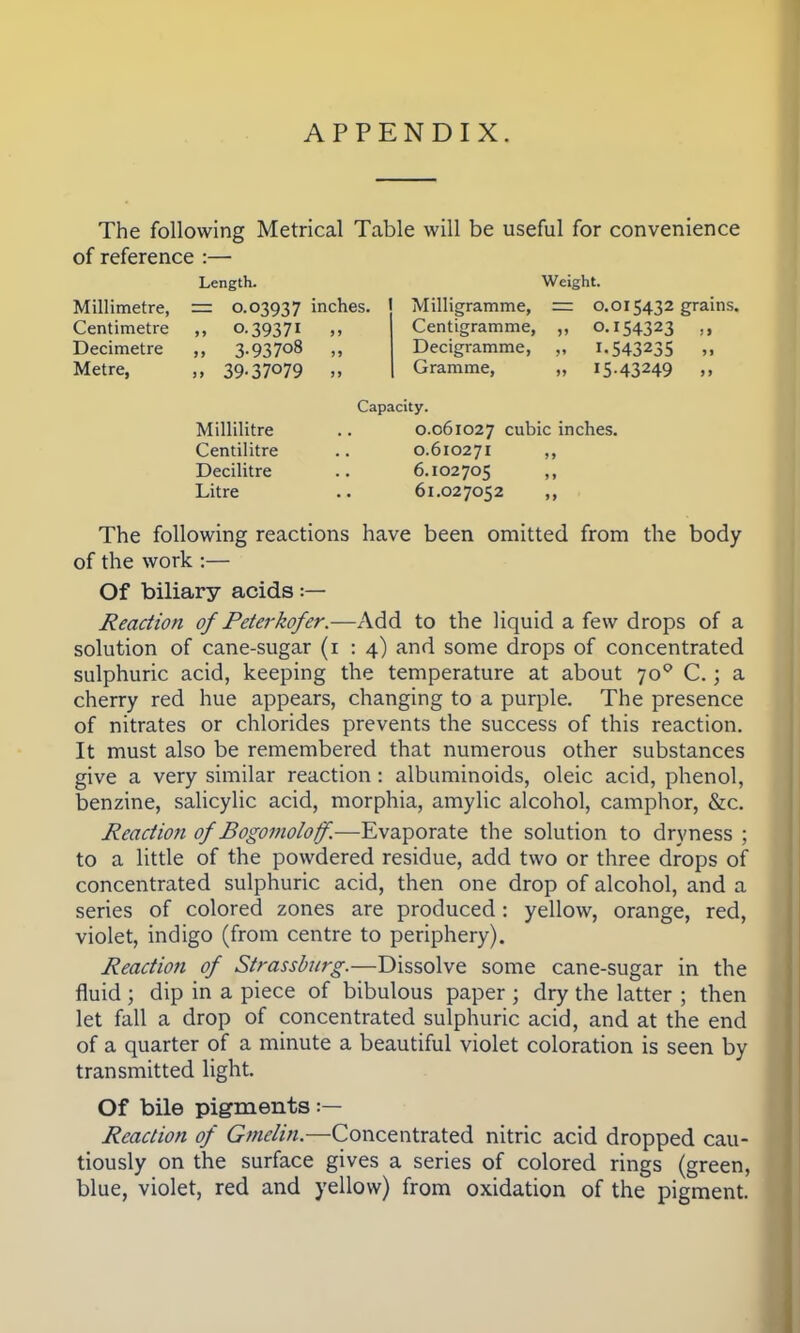 APPENDIX. The following Metrical Table will be useful for convenience of reference :— Millimetre, Centimetre Decimetre Metre, Length. =5 0.03937 inches. ,, 0.39371 „ „ 3-93708 „ 39-37079 » Weight. Milligramme, = 0.015432 grains. Centigramme, „ 0.154323 Decigramme, „ i-543235 ,> Gramme, „ 15.43249 ,, Capacity. Millilitre .. 0.061027 cubic inches. Centilitre .. 0.610271 ,, Decilitre .. 6.102705 ,, Litre .. 61.027052 ,, The following reactions have been omitted from the body of the work :— Of biliary acids :— Reaction of Peterkofer.—Add to the liquid a few drops of a solution of cane-sugar (1:4) and some drops of concentrated sulphuric acid, keeping the temperature at about 700 C.; a cherry red hue appears, changing to a purple. The presence of nitrates or chlorides prevents the success of this reaction. It must also be remembered that numerous other substances give a very similar reaction: albuminoids, oleic acid, phenol, benzine, salicylic acid, morphia, amylic alcohol, camphor, &c. Reaction of Bogomoloff.—Evaporate the solution to dryness ; to a little of the powdered residue, add two or three drops of concentrated sulphuric acid, then one drop of alcohol, and a series of colored zones are produced: yellow, orange, red, violet, indigo (from centre to periphery). Reaction of Strassburg.—Dissolve some cane-sugar in the fluid ; dip in a piece of bibulous paper ; dry the latter ; then let fall a drop of concentrated sulphuric acid, and at the end of a quarter of a minute a beautiful violet coloration is seen by transmitted light. Of bile pigments :— Reaction of Gmelin.—Concentrated nitric acid dropped cau- tiously on the surface gives a series of colored rings (green, blue, violet, red and yellow) from oxidation of the pigment.
