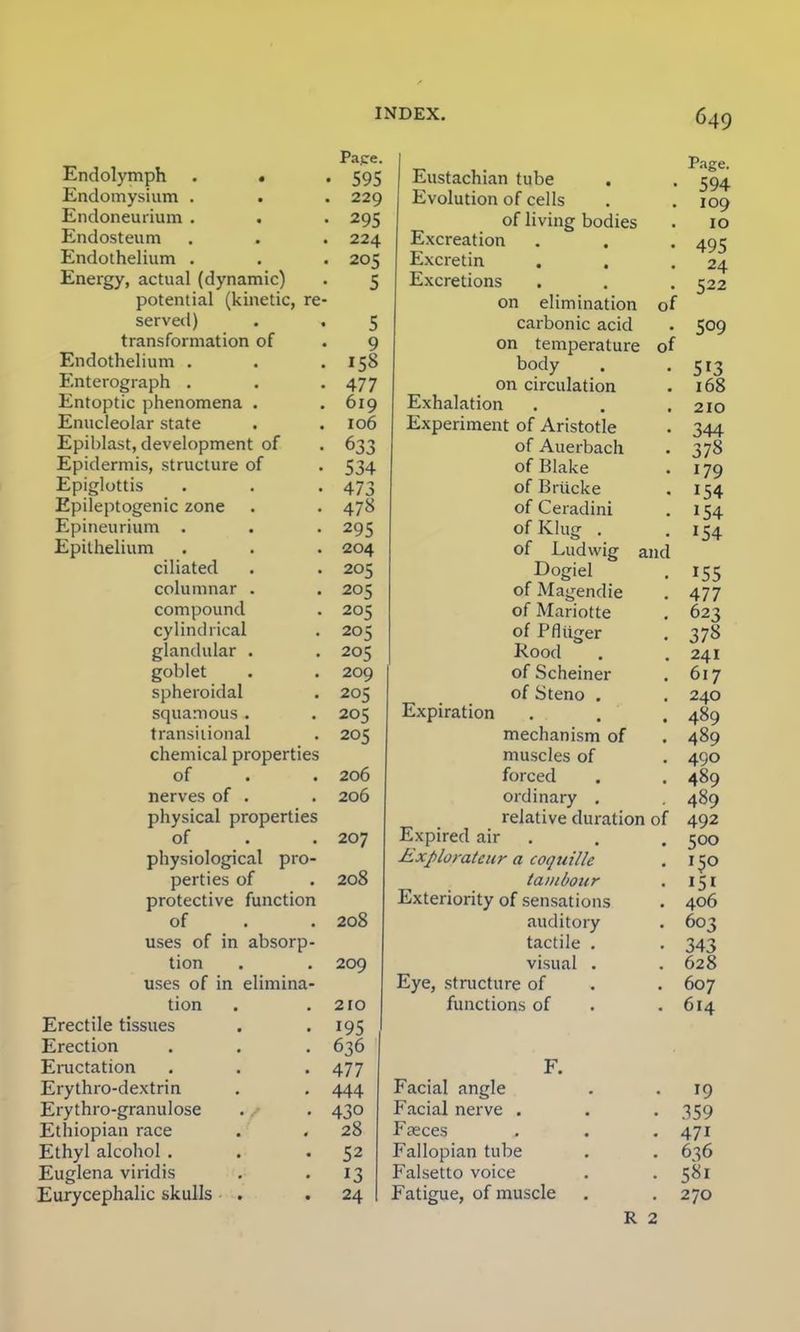 Pa.ce. Endolymph . « • 595 Endomysium . . . 229 Endoneurium . . . 295 Endosteum . . . 224 Endothelium . . . 205 Energy, actual (dynamic) . 5 potential (kinetic, re- served) . . 5 transformation of . 9 Endothelium . . .158 Enterograph . . • 477 Entoptic phenomena . . 619 Enucleolar state . . 106 Epihlast, development of . 633 Epidermis, structure of . 534 Epiglottis . . .473 Epileptogenic zone . . 478 Epineurium . . . 295 Epithelium . . . (204 ciliated • . 205 columnar . . 205 compound . 205 cylindrical . 205 glandular . . 205 goblet . . 209 spheroidal . 205 squamous . . 205 transitional . 205 chemical properties of . . 206 nerves of . . 206 physical properties of . . 207 physiological pro- perties of . 208 protective function of . . 208 uses of in absorp- tion . . 209 uses of in elimina- tion . .210 Erectile tissues . 195 Erection . . . 636 Eructation . . . 477 Erythro-dextrin . . 444 Erythro-granulose . . 430 Ethiopian race . . 28 Ethyl alcohol . . -52 Euglena viridis . . 13 Eurycephalic skulls . -24 Eustachian tube Evolution of cells of living bodies Excreation Excretin Excretions on elimination carbonic acid on temperature of body on circulation Exhalation Experiment of Aristotle of Auerbach of Blake of Briicke of Ceradini ofKhi£T . of Ludwig and Dogiel of Magendie of Mariotte of Pfltiger Rood of Scheiner of Steno . Expiration mechanism of muscles of forced ordinary . relative duration of Expired air Exploratcur a coquille tambour Exteriority of sensations auditory tactile . visual . Eye, structure of functions of Page. 594 109 10 495 24 522 509 513 168 210 344 378 179 154 154 '54 155 477 623 378 241 617 240 489 489 490 489 489 492 500 150 151 406 603 343 628 607 614 Facial angle Facial nerve . Fteces Fallopian tube Falsetto voice Fatigue, of muscle R 2 19 359 47i 636 58i 270