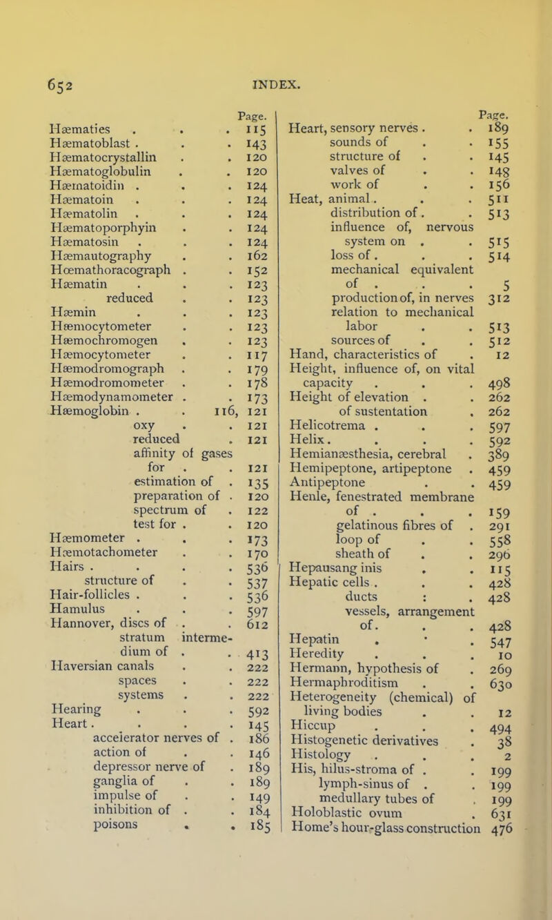 Haematies Haematoblast . Haematocrystallin Hsematoglobulin Haernatoidin . Haematoin Haematolin Haematoporphyin Haematosin Haemautography Hoemathoracograph Haematin reduced Haemin Haemocytometer Haemochromogen Haemocytometer Haemodromograph Haemodromometer Haemodynamometer Haemoglobin . . 11 oxy reduced affinity of gases for . estimation of preparation of spectrum of test for . Haemometer . Haemotachometer Hairs . structure of Hair-follicles . Hamulus Hannover, discs of . stratum interme dium of . Haversian canals spaces systems Hearing Heart. accelerator nerves of action of depressor nerve of ganglia of impulse of inhibition of . poisons » Page. 5 143 120 120 124 124 124 124 124 162 152 123 123 123 123 123 117 179 178 173 , 121 121 121 121 135 120 122 120 173 170 536 537 536 597 612 413 222 222 222 592 145 186 146 189 189 149 184 185 Page. Heart, sensory nerves . . 189 sounds of . 155 structure of . . 145 valves of . . 149 work of . .156 Heat, animal. . 511 distribution of. . 513 influence of, nervous system on . 515 loss of. . .514 mechanical equivalent of . . .5 production of, in nerves 312 relation to mechanical labor sources of Hand, characteristics of Height, influence of, on vital capacity Height of elevation . of sustentation Helicotrema . Helix. Hemiancesthesia, cerebral Hemipeptone, artipeptone Antipeptone Henle, fenestrated membrane of . gelatinous fibres of loop of sheath of Hepausang inis . Hepatic cells . ducts : vessels, arrangement of. Hepatin . Heredity Hermann, hypothesis of Hermaphroditism Heterogeneity (chemical) of living bodies Hiccup Histogenetic derivatives Histology His, hilus-stroma of . lymph-sinus of . medullary tubes of Holoblastic ovum Home's hour-glass construction