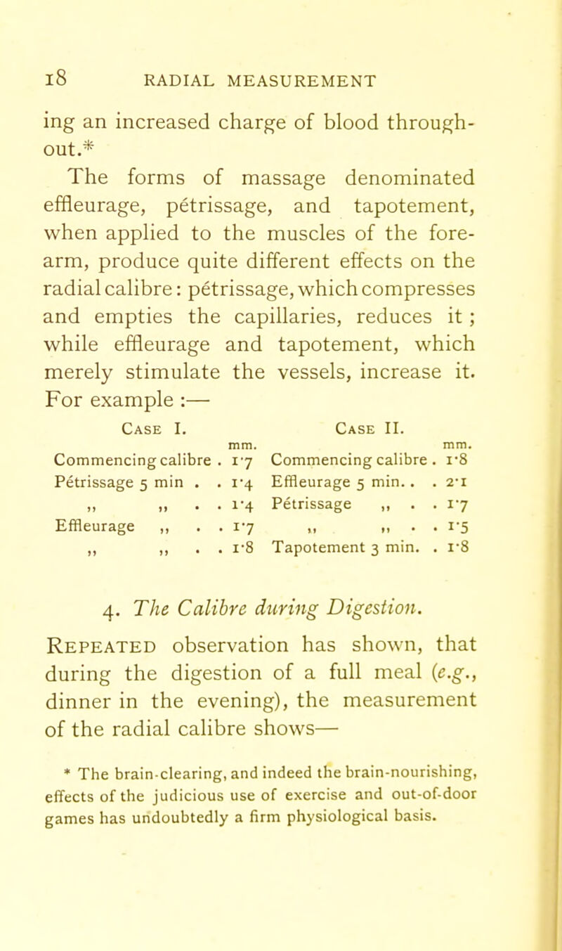 ing an increased charge of blood through- out.* The forms of massage denominated effleurage, petrissage, and tapotement, when apphed to the muscles of the fore- arm, produce quite different effects on the radial calibre: petrissage, which compresses and empties the capillaries, reduces it; while effleurage and tapotement, which merely stimulate the vessels, increase it. For example :— Case I. Case II. mm. mm. Commencing calibre . 17 Commencing calibre . i'8 Petrissage 5 min . . i4 Effleurage 5 min.. . 2-1 „ „ . . 1-4 Petrissage „ . . 17 Effleurage ,, . . 17 ,, ., . . i'5 ,, ,, . . 1-8 Tapotement 3 min. . i-S 4. The Calibre during Digestion. Repeated observation has shown, that during the digestion of a full meal {e.g., dinner in the evening), the measurement of the radial calibre shows— * The brain-clearing, and indeed the brain-nourishing, effects of the judicious use of exercise and out-of-door games has undoubtedly a firm physiological basis.