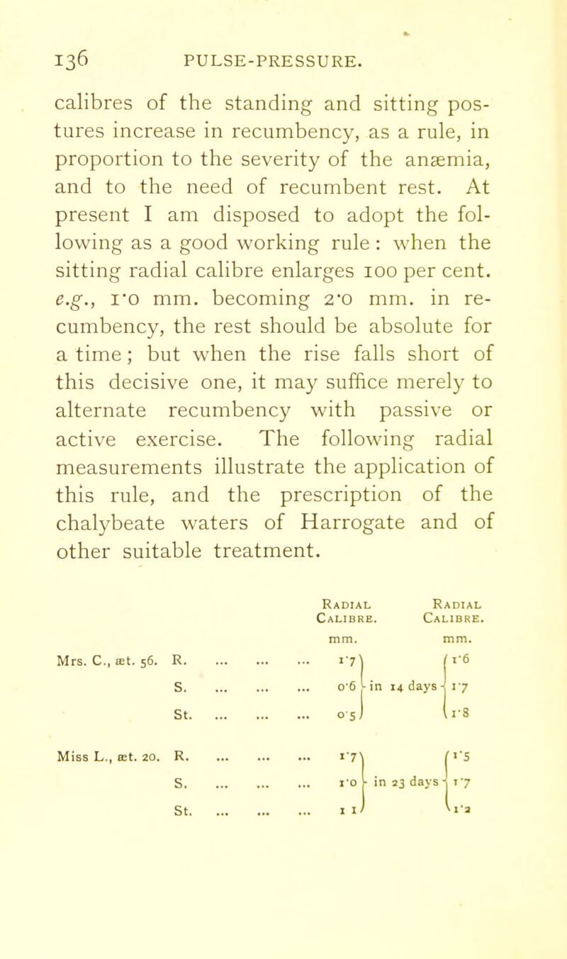 calibres of the standing and sitting pos- tures increase in recumbency, as a rule, in proportion to the severity of the anaemia, and to the need of recumbent rest. At present I am disposed to adopt the fol- lowing as a good working rule: when the sitting radial calibre enlarges 100 per cent. e.g., 1*0 mm. becoming 20 mm. in re- cumbency, the rest should be absolute for a time; but when the rise falls short of this decisive one, it may suffice merely to alternate recumbency with passive or active exercise. The following radial measurements illustrate the application of this rule, and the prescription of the chalybeate waters of Harrogate and of other suitable treatment. Radial Calibre. Radial Calibre. mm. mm. Mrs. C, lEt. 56. R. S. o'6 \- in 14 days -l 17 St Miss L., ffit. 20. R. S. in 23 days i 17