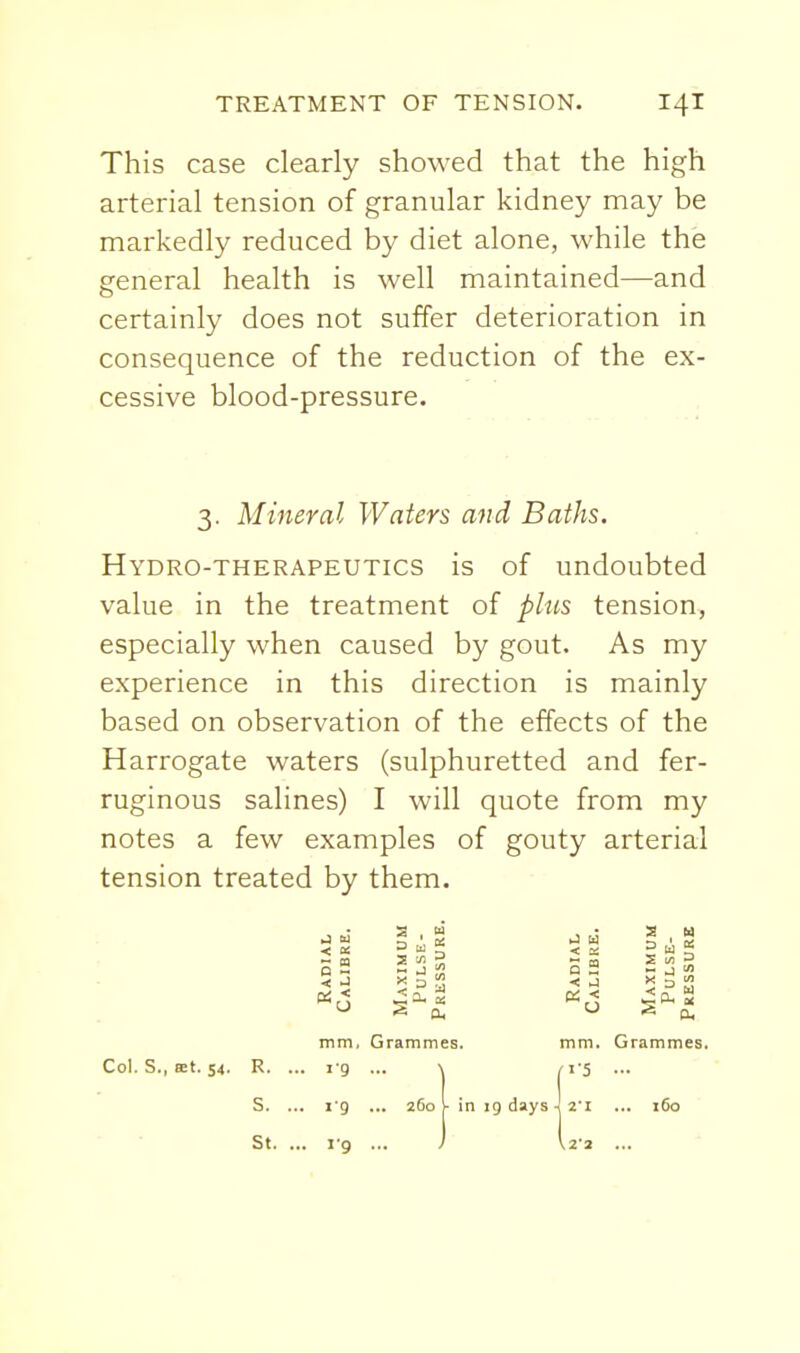 This case clearly showed that the high arterial tension of granular kidney may be markedly reduced by diet alone, while the general health is well maintained—and certainly does not suffer deterioration in consequence of the reduction of the ex- cessive blood-pressure. 3. Mineral Waters and Baths. Hydro-therapeutics is of undoubted value in the treatment of plus tension, especially when caused by gout. As my experience in this direction is mainly based on observation of the effects of the Harrogate waters (sulphuretted and fer- ruginous salines) I will quote from my notes a few examples of gouty arterial tension treated by them. a u S 3 ^ ,^Cl, OS < :i a 2 < a s u a li K s 5! 5 - J w K 3 1 ^ a. Col. S., ffit. 54. R. S. mm, Grammes, i-g ... '■9 260 mm. Grammes. /I-5 ... in ig days \ ti 160