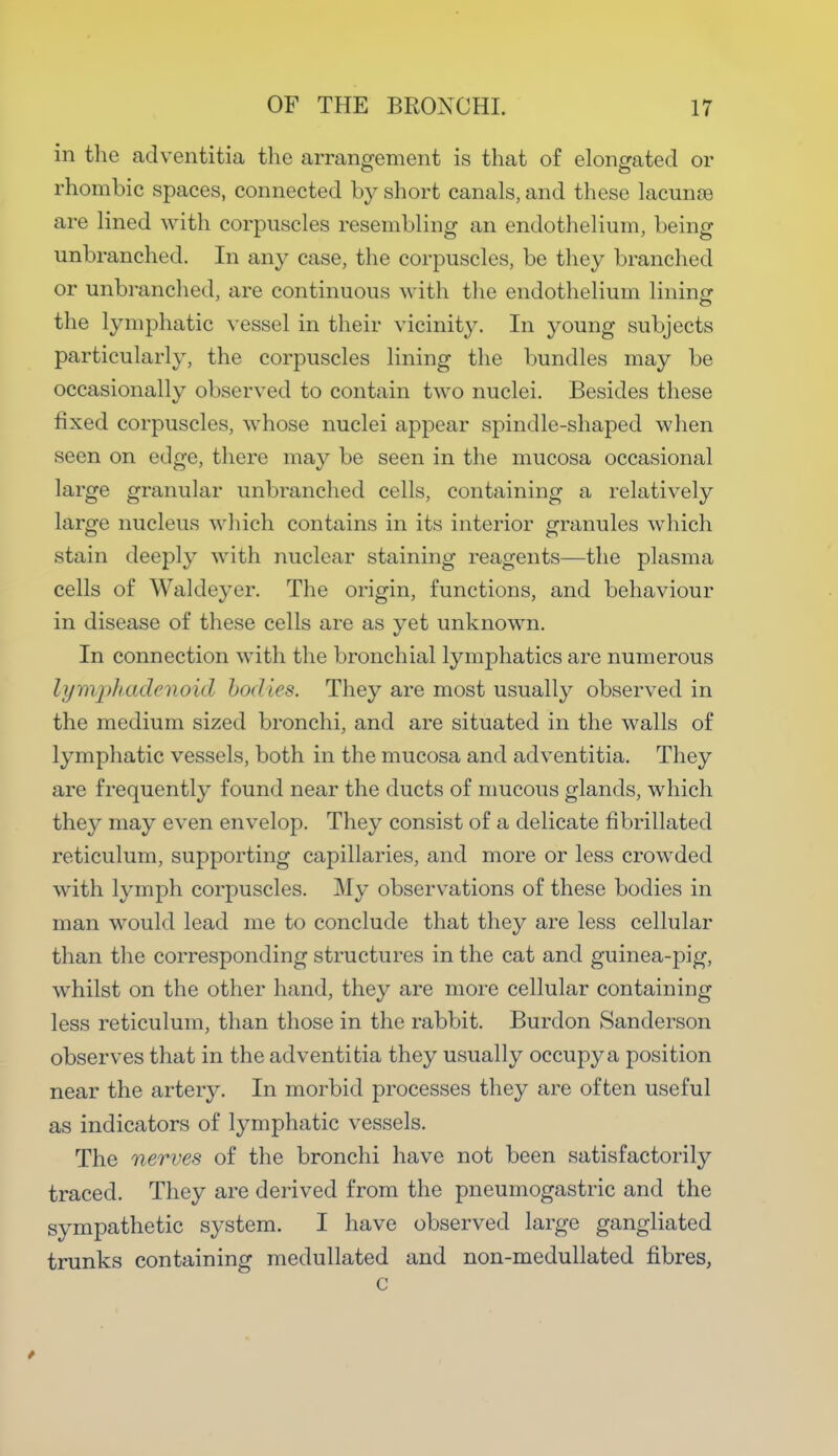 in the adventitia the arrangement is that of elongated or rhombic spaces, connected by short canals, and these lacunte are lined with corpuscles resembling an endothelium, being unbranched. In any case, the corpuscles, be they branched or unbranched, are continuous with the endothelium lining the lymphatic vessel in their vicinity. In young subjects particularly, the corpuscles lining the bundles may be occasionally observed to contain two nuclei. Besides these fixed corpuscles, whose nuclei appear spindle-shaped when seen on edge, there may be seen in the mucosa occasional large granular unbranched cells, containing a relatively large nucleus which contains in its interior granules which stain deeply with nuclear staining reagents—the plasma cells of Waldeyer. The origin, functions, and behaviour in disease of these cells are as yet unknown. In connection with the bronchial lymphatics are numerous lympltadenohl JkhIIcs. They are most usually observed in the medium sized bronchi, and are situated in the walls of lymphatic vessels, both in the mucosa and adventitia. They are frequently found near the ducts of mucous glands, which they may even envelop. They consist of a delicate fibrillated reticulum, supporting capillaries, and more or less crowded with lymph corpuscles. My observations of these bodies in man would lead me to conclude that they are less cellular than the corresponding structures in the cat and guinea-pig, whilst on the other hand, they are more cellular containing less reticulum, than those in the rabbit. Burdon Sanderson observes that in the adventitia they usually occupya position near the artery. In morbid processes they are often useful as indicators of lymphatic vessels. The nerves of the bronchi have not been satisfactorily traced. They are derived from the pneumogastric and the sympathetic system. I have observed large gangliated trunks containing medullated and non-medullated fibres, c
