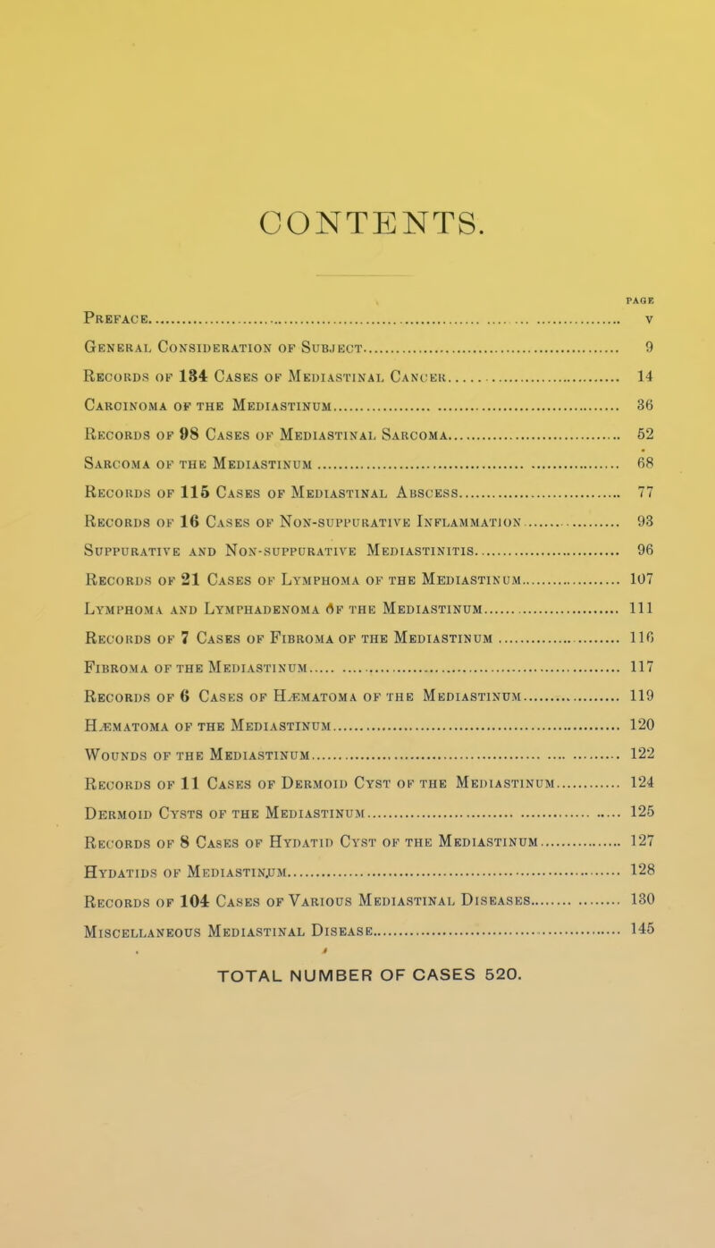 CONTENTS. PAGE Preface v General Consideration of Subject 9 Records ov 184 Cases of Mediastinal Cancer 14 Carcinoma of the Mediastinum 36 Records of 98 Cases of Mediastinal Sarcoma 62 Sarcoma of the Mediastinum 68 Records of 116 Cases of Mediastinal Abscess 77 Records of 16 Cases of Non-suppurative Inflammation 93 Suppurative and Non-suppurative Mediastinitis 96 Records of 21 Cases of Lymphoma of the Mediastinum 107 Lymphoma and Lymphadenoma Af the Mediastinum Ill Records of 7 Cases of Fibroma of the Mediastinum 110 Fibroma of the Mediastinum 117 Records of 6 Cases of Hematoma of the Mediastinum 119 H.^matoma of the Mediastinum 120 Wounds of the Mediastinum 122 Records of 11 Cases of Dermoid Cyst of the Mediastinum 124 Dermoid Cysts of the Mediastinum 125 Records of 8 Cases of Hydatid Cyst of the Mediastinum 127 Hydatids of Mediastin.um 128 Records of 104 Cases op Various Mediastinal Diseases 130 Miscellaneous Mediastinal Disease 145 TOTAL NUMBER OF CASES 520.