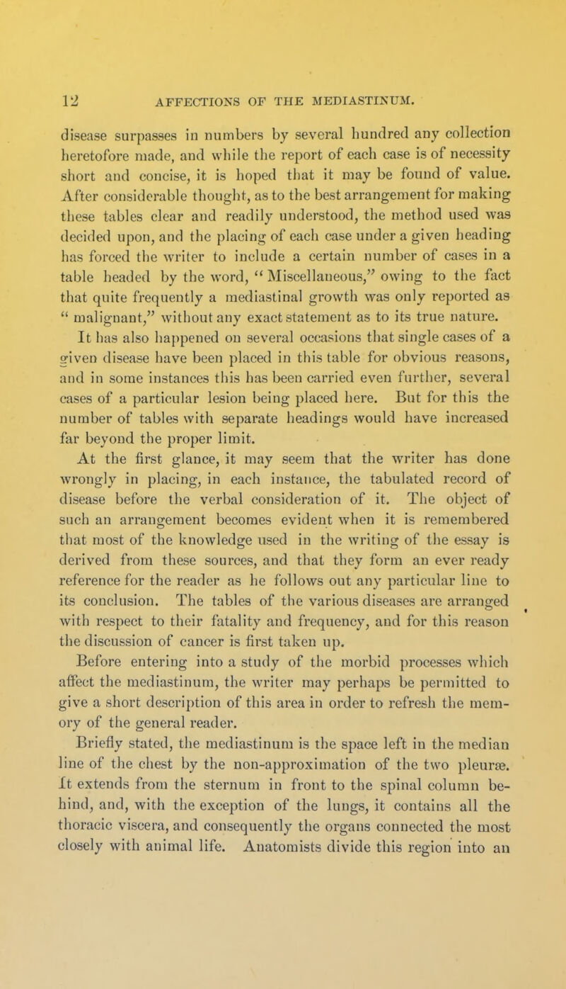 disease surpasses in numbers by several hundred any collection heretofore made, and while the report of each case is of necessity short and concise, it is hoped that it may be found of value. After considerable thought, as to the best arrangement for making these tables clear and readily understood, the method used was decided upon, and the placing of each case under a given heading has forced the writer to include a certain number of cases in a table headed by the word,  Miscellaneous, owing to the fact that quite frequently a mediastinal growth was only reported as  malignant, without any exact statement as to its true nature. It has also happened on several occasions that single cases of a sriven disease have been placed in this table for obvious reasons, and in some instances this has been carried even further, several cases of a particular lesion being placed here. But for this the number of tables with separate headings would have increased far beyond the proper limit. At the first glance, it may seem that the writer has done wrongly in placing, in each instance, the tabulated record of disease before the verbal consideration of it. The object of such an arranojement becomes evident when it is remembered that most of the knowledge used in the writing of the essay is derived from these sources, and that they form an ever ready reference for the reader as he follows out any particular line to its conclusion. The tables of the various diseases are arranged with respect to their fatality and frequency, and for this reason the discussion of cancer is first taken up. Before entering into a study of the morbid processes which atfect the mediastinum, the writer may perhaps be permitted to give a short description of this area in order to refresh the mem- ory of the general reader. Briefly stated, the mediastinum is the space left in the median line of the chest by the non-approximation of the two pleura?. It extends from the sternum in front to the spinal column be- hind, and, with the exception of the lungs, it contains all the thoracic viscera, and consequently the organs connected the most closely with animal life. Anatomists divide this region into an