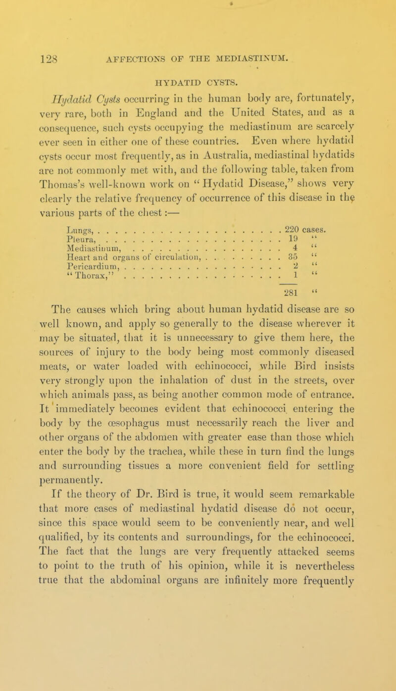 HYDATID CYSTS. Hydatid Cysts occurring in the human body are, fortunately, very rare, both in England and the United States, and as a consequence, such cysts occupying the mediastinum are scarcely ever seen in eitiier one of these countries. Even where hydatid cysts occur most frequently, as in Australia, mediastinal hydatids are not commonly met with, and the following table, taken from Thomas's well-known work on Hydatid Disease, shows very clearly the relative frequency of occurrence of this disease in th^ various parts of the chest:— Lungs, 220 cases. Pleura, 19  Mediastinum, 4  Heart and organs of circuliitioii, So  Pericardium, 2  Thorax, 1  281  The causes which bring about human hydatid disease are so well known, and apply so generally to the disease wherever it may be situated, that it is unnecessary to give them here, the sources of injury to the body being most commonly diseased meats, or water loaded with echinococci, while Bird insists very strongly upon the inhalation of dust in the streets, over which animals pass, as being another common mode of entrance. It immediately becomes evident that echinococci entering the body by the oesoj^hagus must necessarily reach the liver and other organs of the abdomen with greater ease than those which enter the body by the trachea, while these in turn find the lungs and surrounding tissues a more convenient field for settling permanently. If the theory of Dr. Bird is true, it would seem remarkable that more cases of mediastinal hydatid disease do not occur, since this space would seem to be conveniently near, and well qualified, by its contents and surroundings, for the echinococci. The fact that the lungs are very frequently attacked seems to point to the truth of his opinion, while it is nevertheless true that the abdominal organs are infinitely more frequently