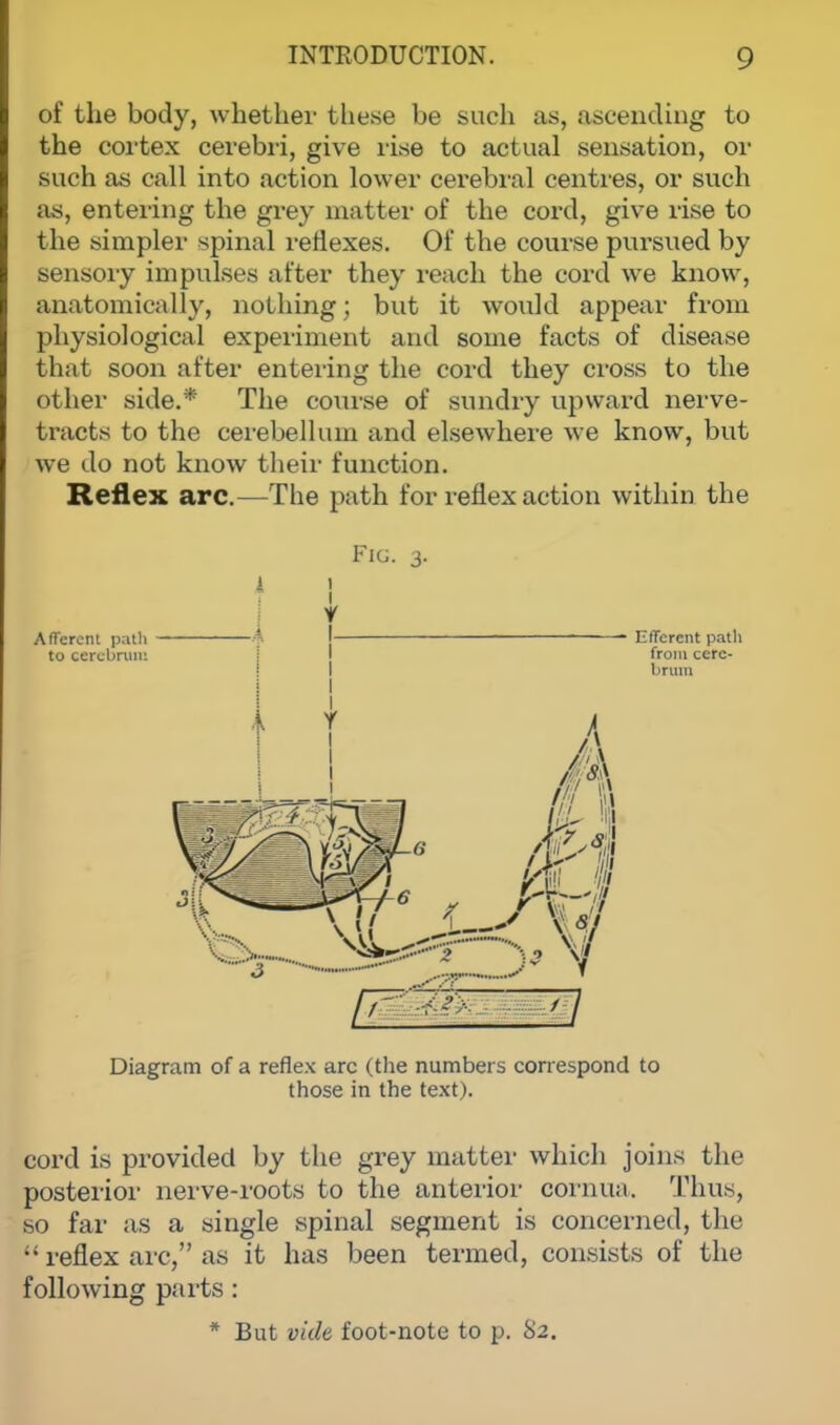 of the body, whether these be such as, ascending to the cortex cerebri, give rise to actual sensation, or such as call into action lower cerebral centres, or such as, entering the grey matter of the cord, give rise to the simpler spinal reflexes. Of the course pursued by Sensory impulses after they reach the cord we know, anatomically, nothing; but it would appear from physiological experiment and some facts of disease that soon after entering the cord they cross to the other side.* The course of sundry upward nerve- tracts to the cerebellum and elsewhere we know, but we do not know their function. Reflex arc.—The path for reflex action within the Fig. Afferent path - to cerebrum Efferent path from cere- brum A a in iii, M v>y Diagram of a reflex arc (the numbers correspond to those in the text). cord is provided by the grey matter which joins the posterior nerve-roots to the anterior cornua. Thus, so far as a single spinal segment is concerned, the f reflex arc, as it has been termed, consists of the following parts: * But vide foot-note to p. 82.