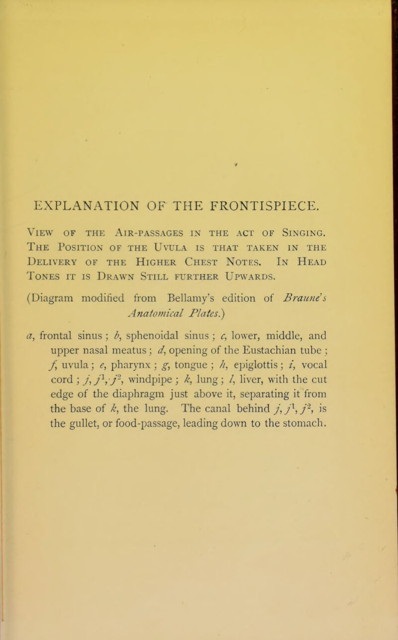 EXPLANATION OF THE FRONTISPIECE. View of the Air-passages in the act of Singing. The Position of the Uvula is that taken in the Delivery of the Higher Chest Notes. In Head Tones it is Drawn Still further Upwards. (Diagram modified from Bellamy's edition of Bra line's Anatomical P/aies.) a, frontal sinus ; l>, sphenoidal sinus ; c, lower, middle, and upper nasal meatus ; if, opening of the Eustachian tube ; /, uvula; e, pharynx ; g; tongue ; //, epiglottis ; /, vocal cord ; /,j\'J2, windpipe ; k, lung; /, liver, with the cut edge of the diaphragm just above it, separating it from the base of the lung. The canal behind /, f1, j2, is the gullet, or food-passage, leading down to the stomach.