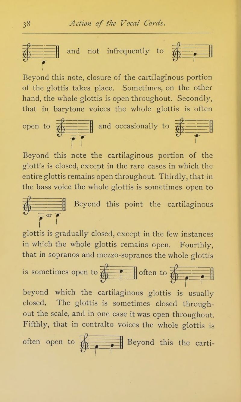 ^ Y -| and not infrequently to Beyond this note, closure of the cartilaginous portion of the glottis takes place. Sometimes, on the other hand, the whole glottis is open throughout. Secondly, that in barytone voices the whole glottis is often open to — ■ and occasionally to Beyond this note the cartilaginous portion of the glottis is closed, except in the rare cases in which the entire glottis remains open throughout. Thirdly, that in the bass voice the whole glottis is sometimes open to P Beyond this point the cartilaginous -ror I glottis is gradually closed, except in the few instances in which the whole glottis remains open. Fourthly, that in sopranos and mezzo-sopranos the whole glottis is sometimes open to ^jpEz^izEl often to ^ ^Q beyond which the cartilaginous glottis is usually closed. The glottis is sometimes closed through- out the scale, and in one case it was open throughout. Fifthly, that in contralto voices the whole glottis is often open to jjE——==| Beyond this the carti-