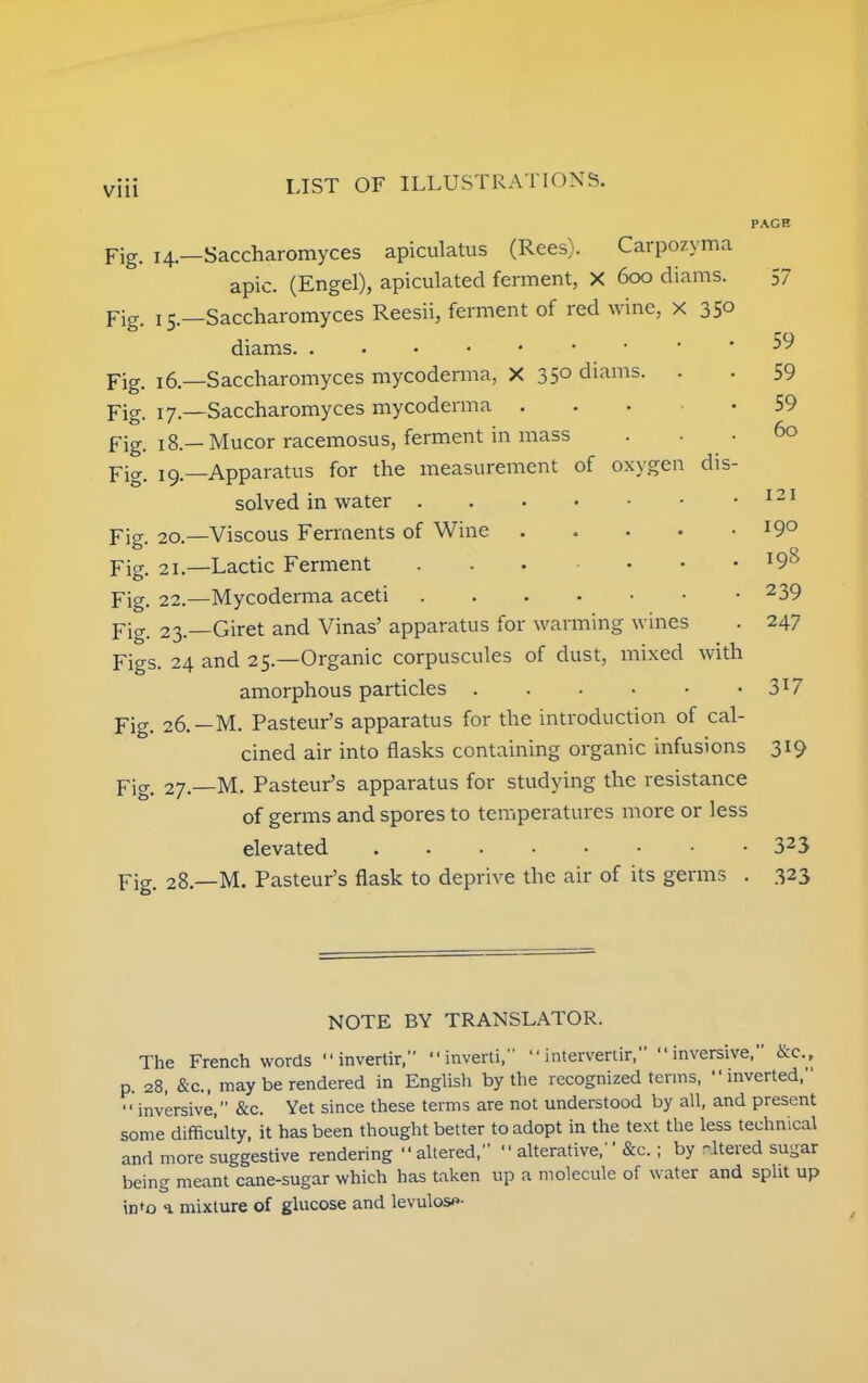 Vlll Fig. 14.- Fig. 15- Fig. id- Fig. 17.- Fig. 18.- Fig. 19- Fig. 20- Fig. 21- Fig. 22.- Fig. 23.- Figs. 24 Fig. 26. Fig. 27.— Fig. 28 dis- Saccharomyces apiculatus (Rees). Carpozyma apic. (Engel), apiculated ferment, X 600 diams. -Saccharomyces Reesii, ferment of red wine, x 35° diams. -Saccharomyces mycoderma, X 35° diams. -Saccharomyces mycoderma . ■ Mucor racemosus, ferment in mass -Apparatus for the measurement of oxygen solved in water -Viscous Ferments of Wine -Lactic Ferment ... -Mycoderma aceti -Giret and Vinas' apparatus for warming wines and 25.—Organic corpuscules of dust, mixed with amorphous particles —M. Pasteur's apparatus for the introduction of cal- cined air into flasks containing organic infusions M. Pasteur's apparatus for studying the resistance of germs and spores to temperatures more or less elevated —M. Pasteur's flask to deprive the air of its germs . PAGE 3/ 59 59 59 60 121 190 198 239 247 317 3i9 323 323 NOTE BY TRANSLATOR. The French words  invertir, inverti, intervertir,  inversive, &c, p. 28, &c, may be rendered in English by the recognized terms, inverted, inversive, &c. Yet since these terms are not understood by all, and present some difficulty, it has been thought better to adopt in the text the less technical and more suggestive rendering  altered,  alterative,'' &c.; by -ltered sugar being meant cane-sugar which has taken up a molecule of water and split up in^o a mixture of glucose and levulos*-