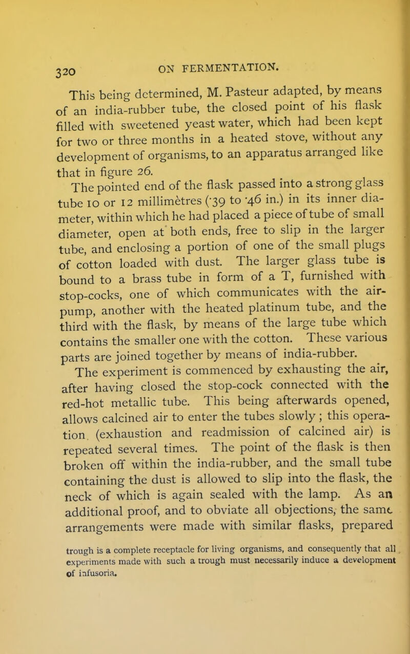 This being determined, M. Pasteur adapted, by means of an india-rubber tube, the closed point of his flask filled with sweetened yeast water, which had been kept for two or three months in a heated stove, without any development of organisms, to an apparatus arranged like that in figure 26. The pointed end of the flask passed into a strong glass tube 10 or 12 millimetres (-39 to -46 in.) in its inner dia- meter, within which he had placed a piece of tube of small diameter, open at' both ends, free to slip in the larger tube, and enclosing a portion of one of the small plugs of cotton loaded with dust. The larger glass tube is bound to a brass tube in form of a T, furnished with stop-cocks, one of which communicates with the air- pump, another with the heated platinum tube, and the third with the flask, by means of the large tube which contains the smaller one with the cotton. These various parts are joined together by means of india-rubber. The experiment is commenced by exhausting the air, after having closed the stop-cock connected with the red-hot metallic tube. This being afterwards opened, allows calcined air to enter the tubes slowly ; this opera- tion (exhaustion and readmission of calcined air) is repeated several times. The point of the flask is then broken off within the india-rubber, and the small tube containing the dust is allowed to slip into the flask, the neck of which is again sealed with the lamp. As an additional proof, and to obviate all objections, the same arrangements were made with similar flasks, prepared trough is a complete receptacle for living organisms, and consequently that all experiments made with such a trough must necessarily induce a development of infusoria.