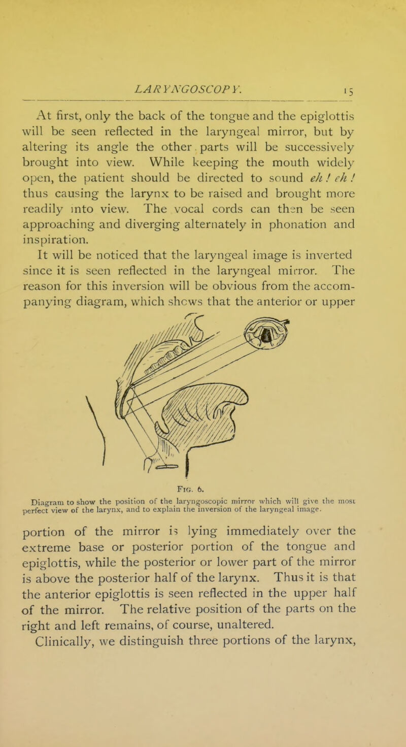 At first, only the back of the tongue and the epiglottis will be seen reflected in the laryngeal mirror, but by altering its angle the other parts will be successively brought into view. While keeping the mouth widely open, the patient should be directed to sound ek ! eh ! thus causing the larynx to be raised and brought more readily into view. The vocal cords can then be seen approaching and diverging alternately in phonation and inspiration. It will be noticed that the laryngeal image is inverted since it is seen reflected in the laryngeal mirror. The reason for this inversion will be obvious from the accom- panying diagram, which shews that the anterior or upper Fi<;. 6. Diagram to show the position of the laryngoscopic mirror which will give the most perfect view of the larynx, and to explain the inversion of the laryngeal image. portion of the mirror is lying immediately over the extreme base or posterior portion of the tongue and epiglottis, while the posterior or lower part of the mirror is above the posterior half of the larynx. Thus it is that the anterior epiglottis is seen reflected in the upper half of the mirror. The relative position of the parts on the right and left remains, of course, unaltered. Clinically, we distinguish three portions of the larynx,