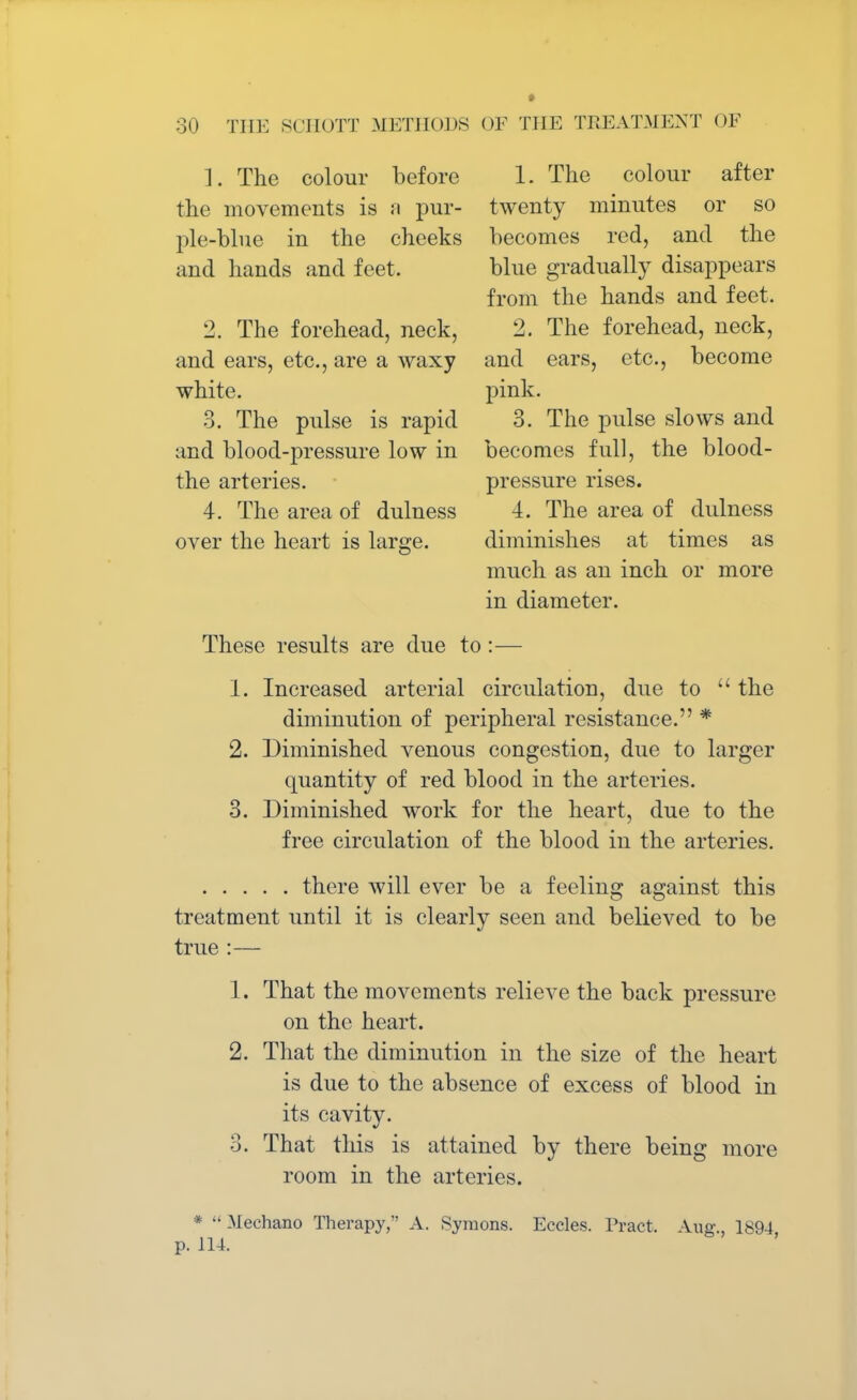 1. The colour before 1. The colour after the movements is a pur- twenty minutes or so pie-blue in the cheeks becomes red, and the and hands and feet. blue gradually disappears from the hands and feet. 2. The forehead, neck, 2. The forehead, neck, and ears, etc., are a waxy and ears, etc., become white. pink. 3. The pulse is rapid 3. The pulse slows and and blood-pressure low in becomes full, the blood- the arteries. pressure rises. 4. The area of dulness 4. The area of dulness over the heart is large. diminishes at times as much as an inch or more in diameter. These results are due to:— 1. Increased arterial circulation, due to  the diminution of peripheral resistance. * 2. Diminished venous congestion, due to larger quantity of red blood in the arteries. 3. Diminished work for the heart, due to the free circulation of the blood in the arteries. there will ever be a feeling against this treatment until it is clearly seen and believed to be true :— 1. That the movements relieve the back pressure on the heart. 2. That the diminution in the size of the heart is due to the absence of excess of blood in its cavity. 3. That this is attained by there being more room in the arteries. *  Mechano Therapy, A. Syraons. Eccles. Tract. Aug., 1894 p. 114.