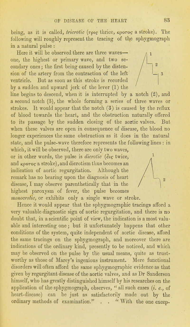 being, as it is called, tricrotic {rpig thrice, Kporog a stroke). The following will roughly represent the tracing of the sphygmograph in a natural pulse : Here it will be observed there are three waves— one, the highest or primary wave, and two se- condary ones; the first being caused by the disten- sion of the artery from the contraction of the left ventricle. But as soon as this stroke is recorded by a sudden and upward jerk of the lever (1) the line begins to descend, when it is interrupted by a notch (2), and a second notch (3), the whole forming a series of three waves or strokes. It would appear that the notch (3) is caused by the reflux of blood towards the heart, and the obstruction naturally offered to its passage by the sudden closing of the aortic valves. But when these valves are open in consequence of disease, the blood no longer experiences the same obstruction as it does in the natural state, and the pulse-wave therefore represents the following lines : in which, it will be observed, there are only two waves, or in other words, the pulse is dicrotic {8ig twice, and KpoTog a stroke), and dicrotism thus becomes an indication of aortic regurgitation. Although the remark has no bearing upon the diagnosis of heart disease, I may observe parenthetically that in the highest paroxysm of fever, the pulse becomes monocrotic, or exhibits only a single wave or stroke. Hence it would appear that the sphygmographic tracings afford a very valuable diagnostic sign of aortic regurgitation, and there is no doubt that, in a scientific point of view, the indication is a most valu- able and interesting one; but it unfortunately happens that other conditions of the system, quite independent of aortic disease, afford the same tracings on the sphygmograph, and moreover there are indications of the ordinary kind, presently to be noticed, and which may be observed oh the pulse by the usual means, quite as trust- worthy as those of Marey's ingenious instrument. Mere functional disorders will often afford the same sphygmographic evidence as that given by regurgitant disease of the aortic valves, and as Dr Sanderson himself, who has greatly distinguished himself by his researches on the application of the sphygmograph, observes,  all such cases {i. e., of heart-disease) can be just as satisfactorily made out by the. ordinary methods of examination. . .  With the one excep-