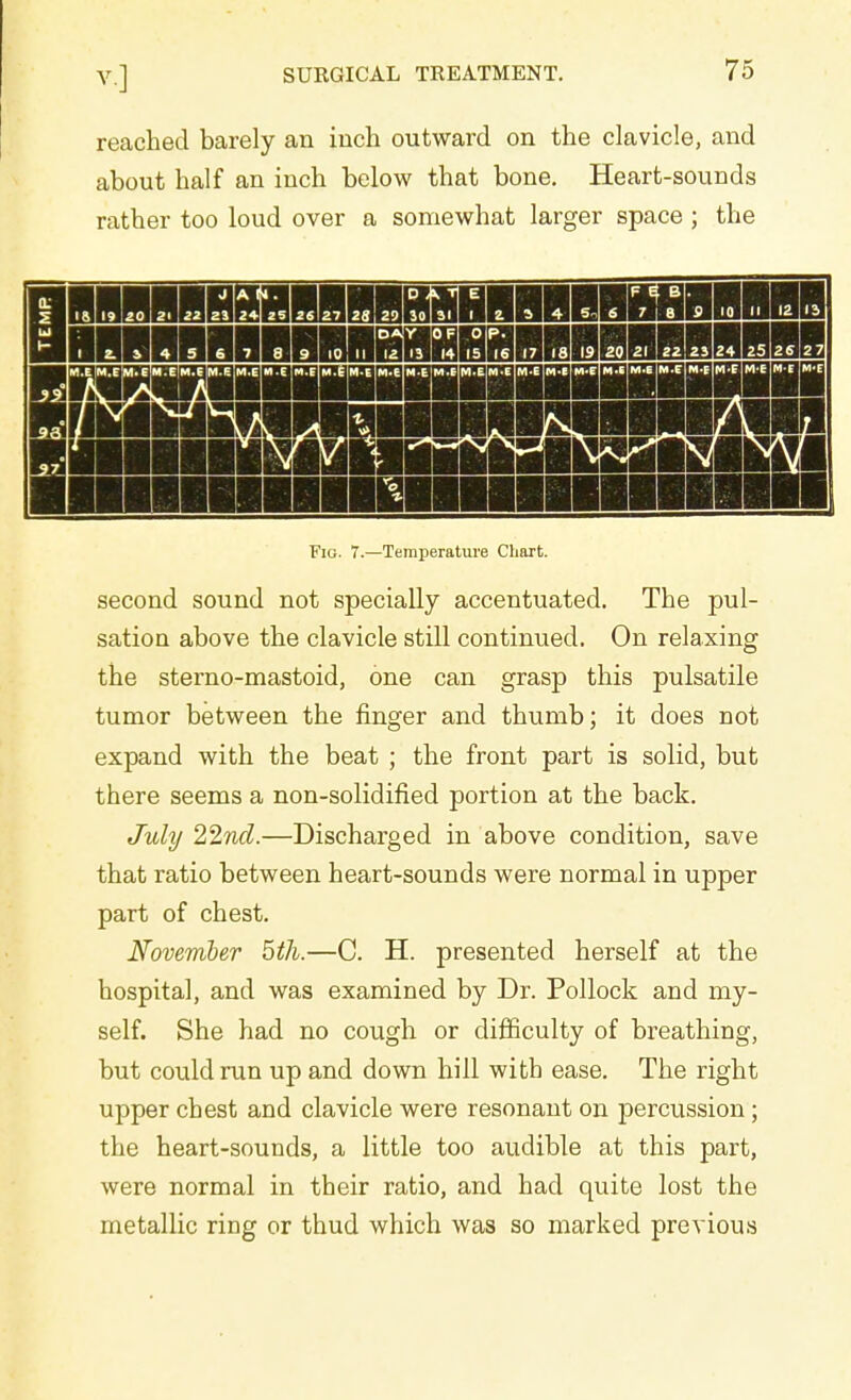 reached barely an inch outward on the clavicle, and about half an inch below that bone. Heart-sounds rather too loud over a somewhat larger space ; the w !HHHHfi3HHflHBHi!8HI!BHI B nin m M mmmmamm Fig. 7.—Temperature Chart. second sound not specially accentuated. The pul- sation above the clavicle still continued, On relaxing the sterno-mastoid, one can grasp this pulsatile tumor between the finger and thumb; it does not expand with the beat ; the front part is solid, but there seems a non-solidified portion at the back. July 22nd.—Discharged in above condition, save that ratio between heart-sounds were normal in upper part of chest. November 5th.—C. H. presented herself at the hospital, and was examined by Dr. Pollock and my- self. She had no cough or difficulty of breathing, but could run up and down hill with ease. The right upper chest and clavicle were resonant on percussion; the heart-sounds, a little too audible at this part, were normal in their ratio, and had quite lost the metallic ring or thud which was so marked previous