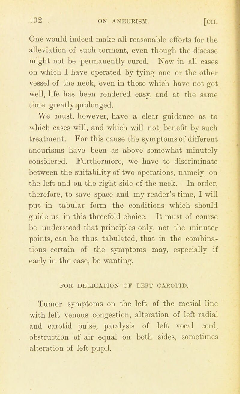 One would indeed make all reasonable efforts for the alleviation of such torment, even though the disease might not be permanently cured. Now in all cases on which I have operated by tying one or the other vessel of the neck, even in those which have not got well, life has been rendered easy, and at the same time greatly prolonged. We must, however, have a clear guidance as to which cases will, and which will not, benefit by such treatment. For this cause the symptoms of different aneurisms have been as above somewhat minutely considered. Furthermore, we have to discriminate between the suitability of two operations, namely, on the left and on the right side of the neck. In order, therefore, to save space and my reader's time, I will put in tabular form the conditions which should guide us in this threefold choice. It must of course be understood that principles only, not the minuter points, can be thus tabulated, that in the combina- tions certain of the symptoms may, especially if early in the case, be wanting. FOR DELIGATION OF LEFT CAROTID. Tumor symptoms on the left of the mesial line with left venous congestion, alteration of left radial and carotid pulse, paralysis of left vocal cord, obstruction of air equal on both sides, sometimes alteration of left pupil.