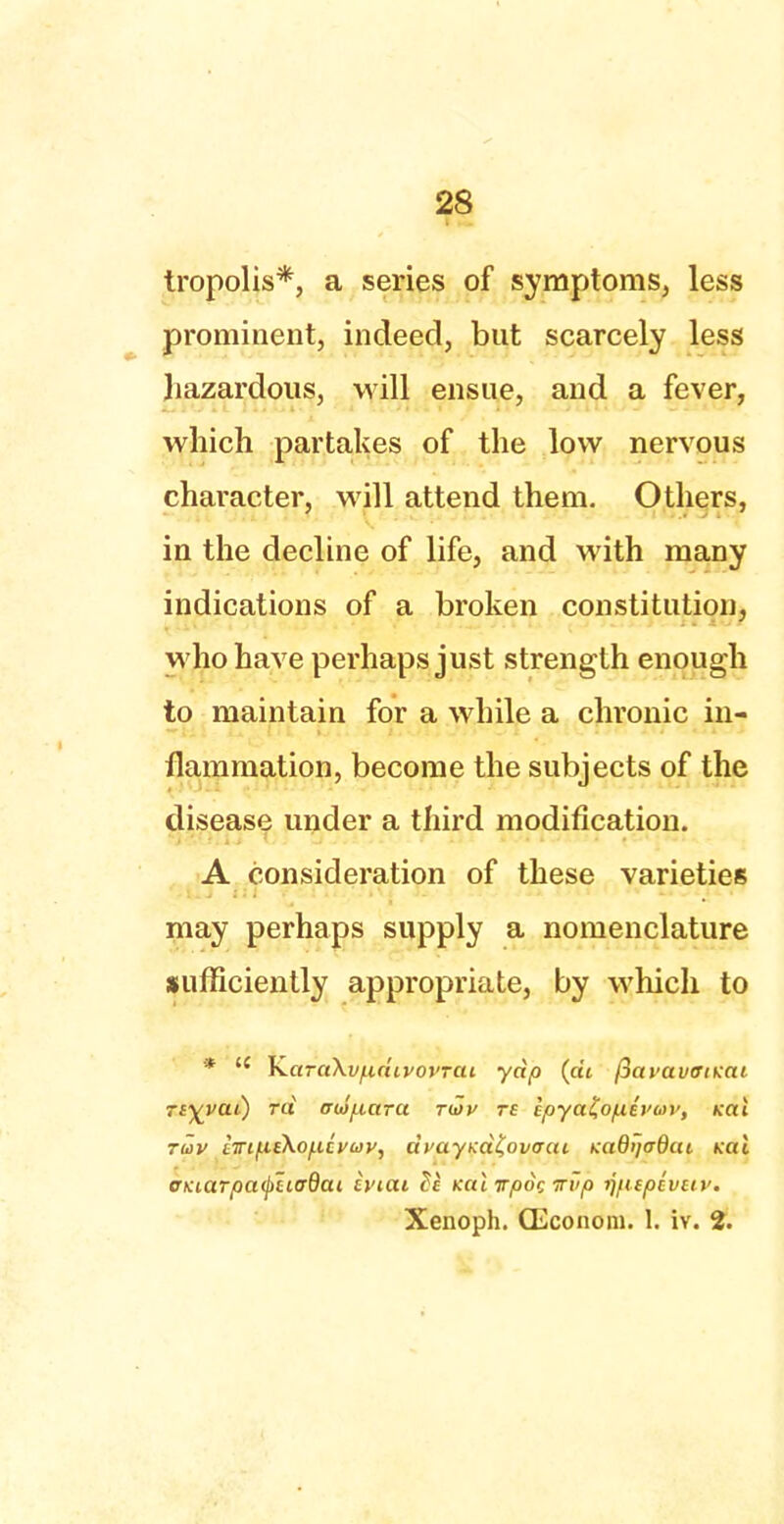 tropolis*, a series of symptoms, less prominent, indeed, but scarcely less hazardous, will ensue, and a fever, which partakes of the low nervous character, will attend them. Others, in the decline of life, and with many indications of a broken constitution, who have perhaps just strength enough to maintain for a while a chronic in- flammation, become the subjects of the disease under a third modification. A consideration of these varieties may perhaps supply a nomenclature sufficiently appropriate, by which to * li K.aTCt\vf.inivovrat yap (cu fiavavotKCti 7£%vai) rd aui/Ltara rutv re ipya^ofxivoiv, ko.1 tu>v tiri/.uXo/.ici'uv, dvayKcifavvai Kadi/adat icai trKiarpa(j)tierdat h'tai £e /cat vpoc irvp tjfiepevuv.