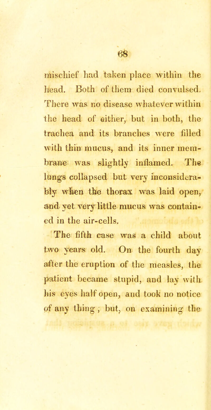 mischief had taken place within the head. Both of them died convulsed. There was no disease whatever within the head of either, but in both, the trachea and its branches were filled with thin mucus, and its inner mem- brane was slightly inflamed. The lungs collapsed but very inconsidera- bly when the thorax was laid open, and yet very little mucus was contain- ed in the air-cells. The fifth case was a child about two years old. On the fourth day after the eruption of the measles, the patient became stupid, and lay with his eyes half open, and took no notice of any thing1; but, on examining- the