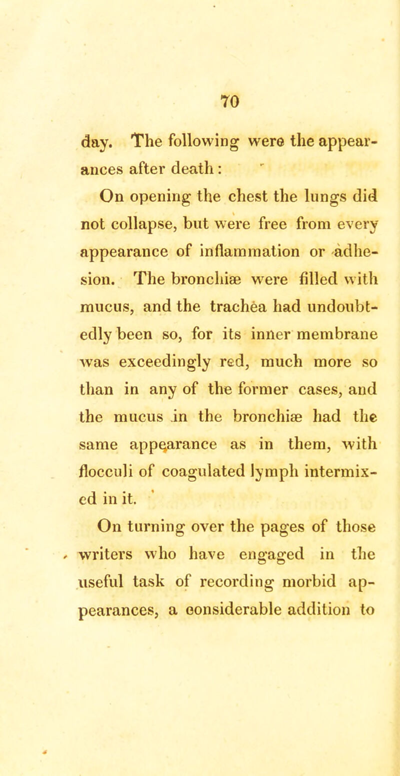 day. The following were the appear- ances after death: On opening the chest the lungs did not collapse, but were free from every appearance of inflammation or adhe- sion. The bronchise were filled with mucus, and the trachea had undoubt- edly been so, for its inner membrane was exceedingly red, much more so than in any of the former cases, and the mucus in the bronchiae had the same appearance as in them, with flocculi of coagulated lymph intermix- ed in it. On turning over the pages of those * writers who have eno-ag-ed in the useful task of recording morbid ap- pearances, a considerable addition to