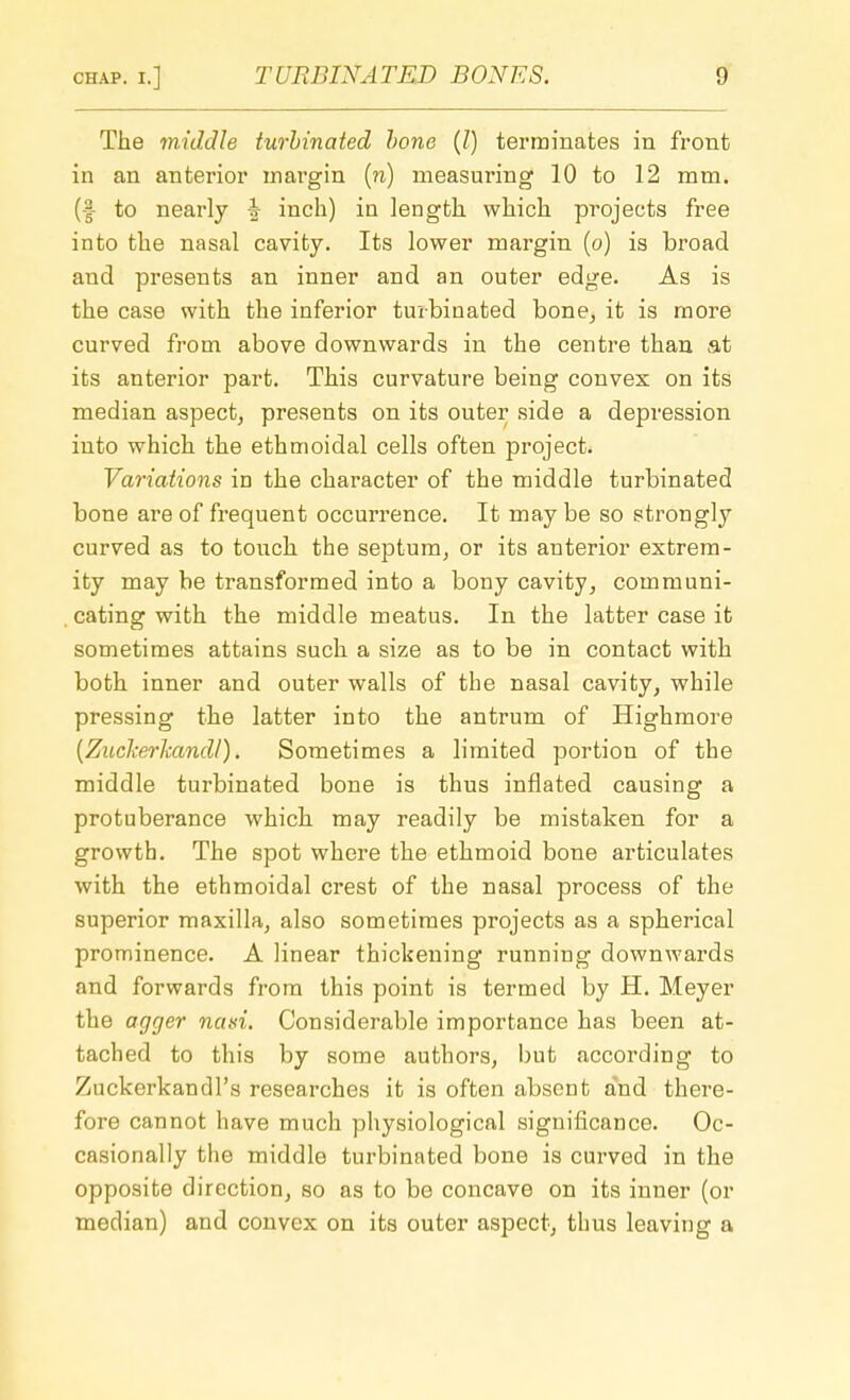 The middle turbinated bone (I) terminates in front in an anterior margin (n) measuring 10 to 12 mm. (§ to nearly | inch) in length which projects free into the nasal cavity. Its lower margin (o) is broad and presents an inner and an outer edge. As is the case with the inferior turbinated bone, it is more curved from above downwards in the centre than at its anterior part. This curvature being convex on its median aspect, presents on its outer side a depression into which the ethmoidal cells often project. Variations in the character of the middle turbinated bone are of frequent occurrence. It may be so strongly curved as to touch the septum, or its anterior extrem- ity may be transformed into a bony cavity, communi- cating with the middle meatus. In the latter case it sometimes attains such a size as to be in contact with both inner and outer walls of the nasal cavity, while pressing the latter into the antrum of Highmore {Zuckerkandl). Sometimes a limited portion of the middle turbinated bone is thus inflated causing a protuberance which may readily be mistaken for a growth. The spot where the ethmoid bone articulates with the ethmoidal crest of the nasal process of the superior maxilla, also sometimes projects as a spherical prominence. A linear thickening running downwards and forwards from this point is termed by H. Meyer the agger nasi. Considerable importance has been at- tached to this by some authors, but according to Zuckerkandl's researches it is often absent and there- fore cannot have much physiological significance. Oc- casionally the middle turbinated bone is curved in the opposite direction, so as to be concave on its inner (or median) and convex on its outer aspect, thus leaving a
