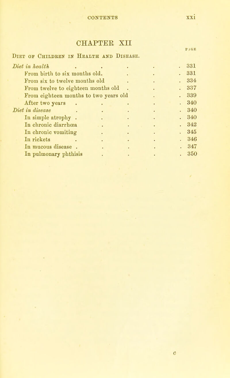 CHAPTER XII Diet op Childben in Health and Disease. Diet in health . . . . .331 From birth to six months old. . . . 331 From six to twelve months old . . . 334 Prom twelve to eighteen months old . . . 337 From eighteen months to two years old . . 339 After two years ..... 340 Diet in disease ..... 340 In simple atrophy ..... 340 In chronic diarrhoea .... 342 In chronic vomiting .... 345 In rickets ..... 346 In mucous disease ..... 347 In pulmonary phthisis .... 350
