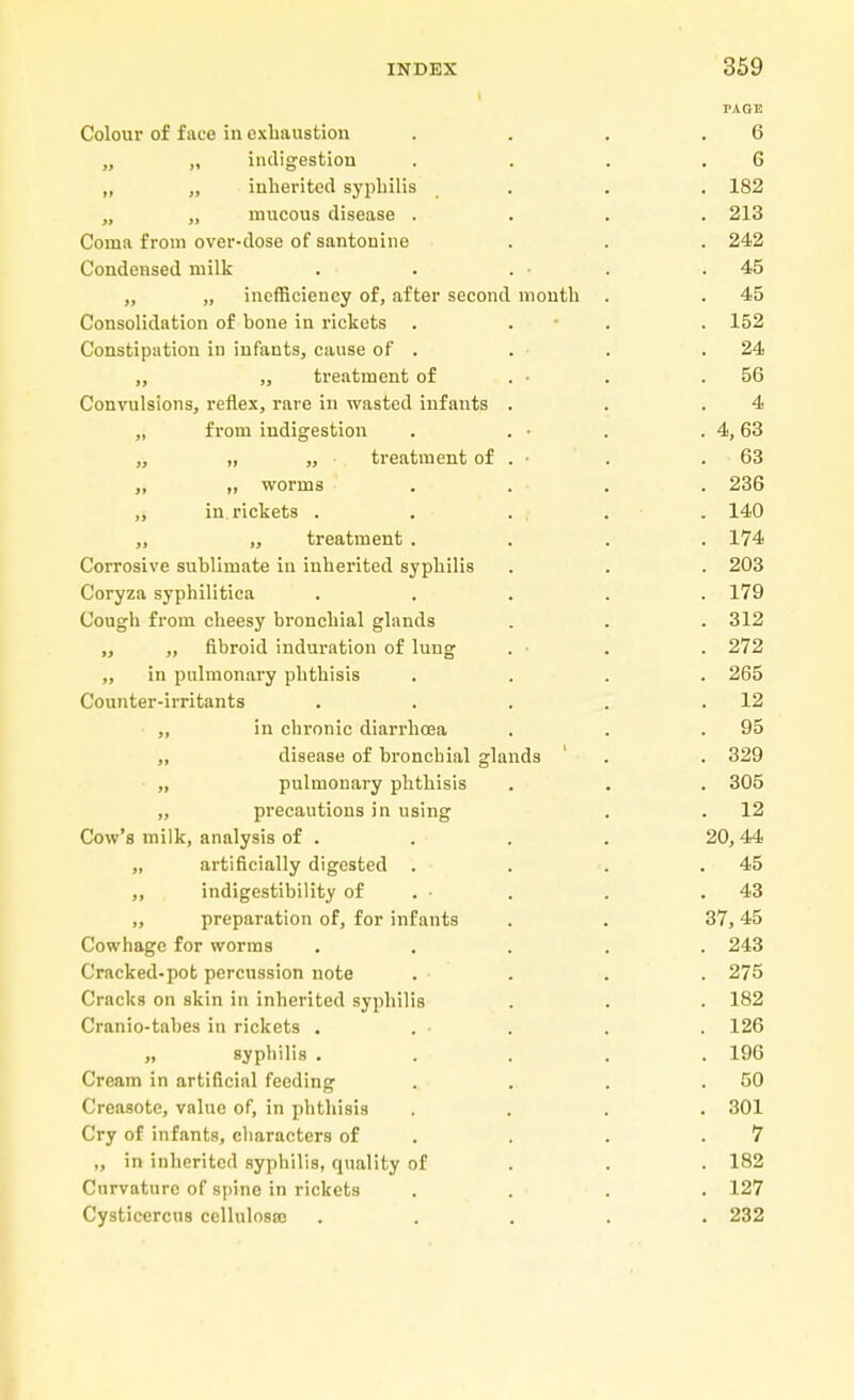 PAGE Colour of face in exhaustion . . . .6 „ „ indigestion . . . .6 „ „ inherited syphilis . . . 182 „ „ mucous disease .... 213 Coina from over-dose of santonine . . . 242 Condensed milk . ■ . . • . .45 „ „ inefficiency of, after second mouth . . 45 Consolidation of bone in rickets . . . 152 Constipation in infants, cause of . . . .24 „ „ treatment of . • . .56 Convulsions, reflex, rare in wasted infants . . .4 „ from indigestion . . • . . 4,63 „ ,, „ treatment of . • . .63 ,, ,, worms . . ■ . . 236 „ in rickets . . ... . 140 ,, „ treatment .... 174 Corrosive sublimate in inherited syphilis . . . 203 Coryza syphilitica ..... 179 Cough from cheesy bronchial glands . . . 312 „ ,, fibroid induration of lung . ■ . . 272 „ in pulmonary phthisis .... 265 Counter-irritants . . . . .12 ,, in chronic diarrhoea . . .95 ,, disease of bronchial glands . . 329 „ pulmonary phthisis . . . 305 „ precautious in using . . 12 Cow's milk, analysis of . . . . 20,44 „ artificially digested . . . .45 ,, indigestibility of . • . . .43 „ preparation of, for infants . . 37,45 Cowhage for worms ..... 243 Cracked-pot percussion note . ■ . . . 275 Cracks on skin in inherited syphilis . . . 182 Cranio-tabes in rickets . . • . . . 126 „ syphilis ..... 196 Cream in artificial feeding . . . .50 Creasotc, value of, in phthisis .... 301 Cry of infants, characters of . . .7 „ in inherited syphilis, quality of 182 Curvature of spine in rickets .... 127 Cysticercus ccllulosaj ..... 232