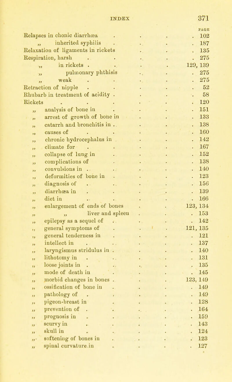 PAGE Relapses in chonic diarrhoea .... 102 „ inherited syphilis .... 187 Relaxation of ligaments in rickets . . . 135 Respiration, harsh ..... 275 „ in rickets .... 129, 139 „ pulmonary phthisis .. . . 275 „ weak . . . . .275 Retraction of nipple . . . . .52 Rhubarb in treatment of acidity . . . .58 Rickets . . . . . .120 „ analysis of bone in . . . 151 „ arrest of growth of bone in . . 133 „ catarrh and bronchitis in . . . . 138 „ causes of . • . . 160 ,, chronic hydrocephalus in ... 142 „ climate for ..... 167 „ collapse of lung in . . . 152 „ complications of ... 138 „ convulsions in . . . . . 140 „ deformities of bone in . . . 123 „ diagnosis of . . . . 156 „ diarrhoea in . . . . 139 „ diet in ..... 166 „ enlargement of ends of bones . . 123, 134 „ „ liver and spleen . . . 153 „ epilepsy as a sequel of . . . 142 „ general symptoms of . . 121, 135 „ general tenderness in . . . 121 „ intellect in .. . . . 137 „ laryngismus stridulus in . . . . 140 „ lithotomy in . . . . 131 „ loose joints in . .. .. . . 135 „ mode of death in . . . . 145 „ morbid changes in bones . . . 123, 149 „ ossification of bone in . . . 149 „ pathology of . . . . 149 ,, pigeon-breast in .... 128 „ prevention of . . . . . 164 M prognosis in . . . . 159 „ scurvy in ..... 143 „ skull in .... 124 „• softening of bones in .... 123 „ spinal curvature in .... 127