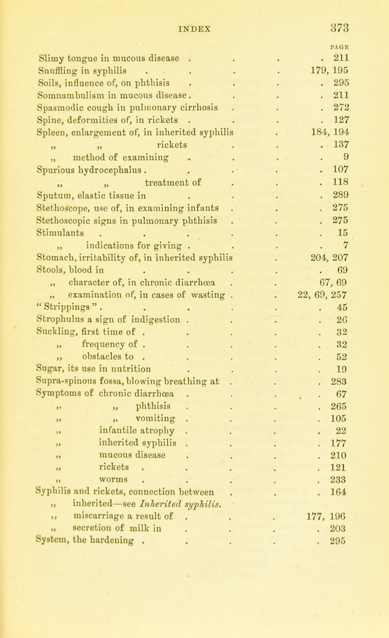 PAGE Slimy tongue in mucous disease .... 211 Snuffling in syphilis .... 179, 195 Soils, influence of, on phthisis .... 295 Somnambulism in mucous disease .... 211 Spasmodic cough in pulmonary cirrhosis . . . 272 Spine, deformities of, in rickets .... 127 Spleen, enlargement of, in inherited syphilis . 184, 194 „ „ rickets . . . 137 „ method of examining . . .9 Spurious hydrocephalus ..... 107 „ „ treatment of . . 118 Sputum, elastic tissue in ... 289 Stethoscope, use of, in examining infants . . . 275 Stethoscopic signs in pulmonary phthisis . . . 275 Stimulants . . . . . .15 „ indications for giving . . . .7 Stomach, irritability of, in inherited syphilis . 204, 207 Stools, blood in . . . .69 „ character of, in chronic diarrhoea . . 67, 69 „ examination of, in cases of wasting . . 22, 69, 257  Strippings. . . . . .45 Strophulus a sign of indigestion . . . .26 Suckling, first time of . . . . .32 „ frequency of . . . . .32 ,, obstacles to . . . . .52 Sugar, its use in nutrition . . . .19 Supra-spinous fossa, blowing breathing at . . . 283 Symptoms of chronic diarrhoea . . ... 67 ,, phthisis .... 265 ,, ,t vomiting .... 105 „ infantile atrophy . . . .22 „ inherited syphilis .... 177 „ mucous disease .... 210 „ rickets ..... 121 i, worms ..... 233 Syphilis and rickets, connection between . . . 164 „ inherited—see Inherited syphilis. „ miscarriage a result of . . . 177, 196 „ secretion of milk in . . . 203 System, the hardening ..... 295