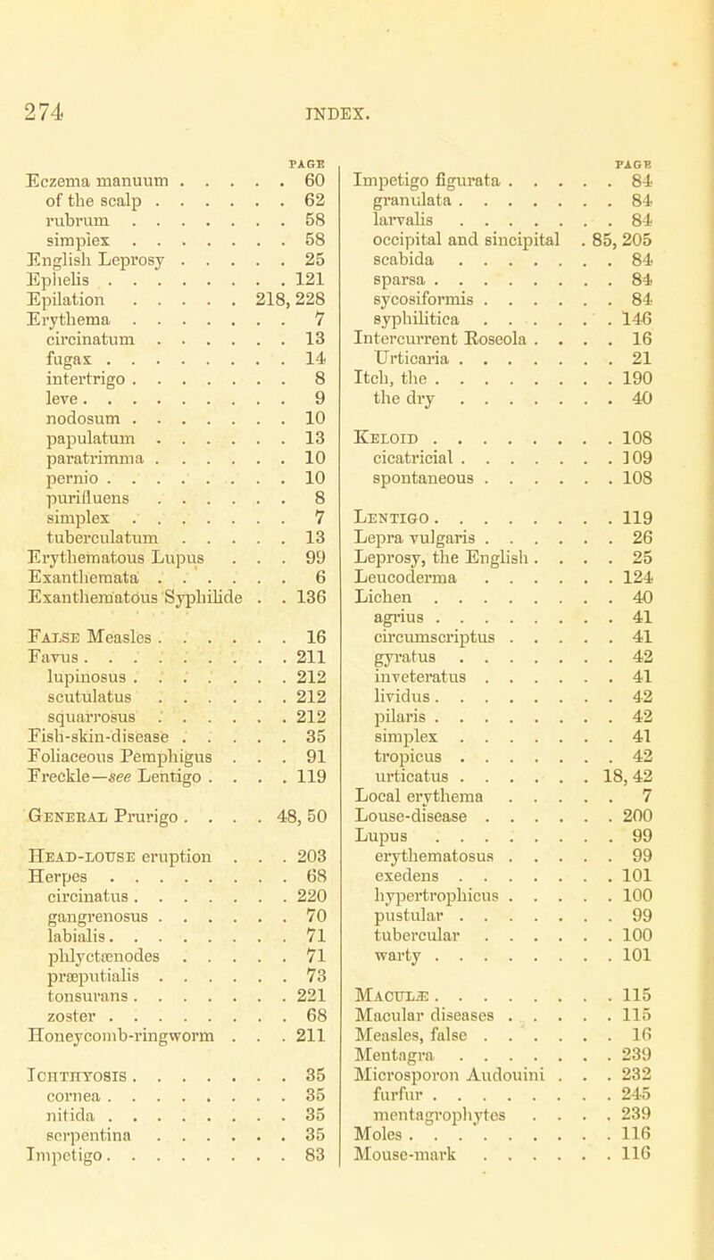 PAGE Eczema inanuum 60 of the scalp 62 rubrum 58 simplex 58 English Leprosy 25 Ephelis 121 Epilation 218,228 Erythema 7 circinatum 13 fugax 14 intertrigo 8 leve 9 nodosum 10 papulatum 13 paratrimma 10 pernio 10 purifluens 8 simplex 7 tuberculatum 13 Erythematous Lupus ... 99 Exanthemata 6 Exanthematous Syphilide . . 136 False Measles 16 Favus......... 211 lupinosus 212 scutulatus 212 squarrosus 212 Fish-skin-disease 35 Foliaceous Pemphigus ... 91 Freckle—see Lentigo .... 119 Genekal Prurigo. . . .48,50 Head-louse eruption . . . 203 Herpes 68 circinatus 220 gangrenosus 70 labialis 71 phlyctamodes 71 prajputialis 73 tonsurans 221 zoster 68 Honeycomb-ringworm . . . 211 IcnTHYOSiS 35 cornea 35 nitida 35 serpentina 35 Impetigo 83 PAGE Impetigo figurata 84 granulata 84 larvalis 84 occipital and sincipital . 85, 205 scabida 84 sparsa 84 sycosiformis 84 syphilitica 146 Intercurrent Roseola .... 16 Urticaria 21 Itch, the 190 the dry 40 Keloid 108 cicatricial ]09 spontaneous 108 Lentigo 119 Lepra vulgaris 26 Leprosy, the English .... 25 Leucoderma 124 Lichen 40 agrius 41 circumscriptus 41 gyratus 42 inveteratus 41 lividus 42 pilaris 42 simplex 41 tropicus 42 urticatus 18,42 Local erythema 7 Louse-disease 200 Lupus ........ 99 erythematosus 99 exedens 101 hypertrophicus 100 pustular 99 tubercular 100 warty 101 Macule 115 Macular diseases 115 Measles, false 16 Mentagra 239 Microsporon Audouini . . . 232 furfur 245 mentagrophytes .... 239 Moles 116 Mouse-mark 116