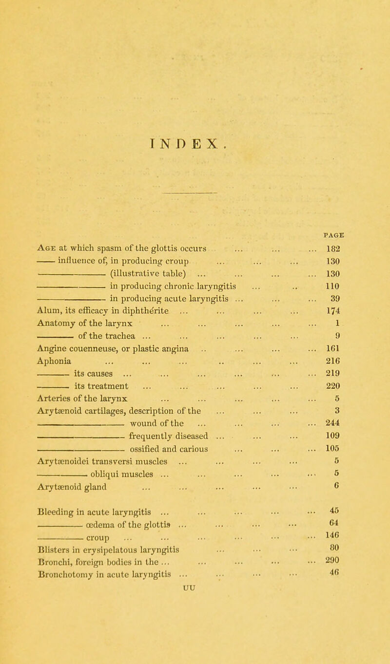INDEX. PAGE Age at which spasm of the glottis occurs ... ... ... 182 influence of, in producing croup ... ... ... 130 (illustrative table) ... ... ... ... 130 in producing chronic laryngitis ... .. 110 in producing acute laryngitis ... ... ... 39 Alum, its efficacy in diphtherite ... ... ... ... 174 Anatomy of the larynx ... ... ... ... ... 1 of the trachea ... ... ... ... ... 9 Angine couenneuse, or plastic angina .. ... ... ... 161 Aphonia ... ... ... .. ... ... 216 its causes ... ... ... ... ... ... 219 its treatment ... ... ... ... ... 220 Arteries of the larynx ... ... ... ... ... 5 Arytsenoid cartilages, description of the ... ... ... 3 wound of the ... ... ... ... 244 frequently diseased ... ... ... 109 ossified and carious ... ... ... 105 Arytjenoidei transversi muscles ... ... ... ••• 5 obliqui muscles ... ... ... ••• ••• 5 Arytaenoid gland ... ... ... •■• ••■ 6 Bleeding in acute laryngitis ... ... ... ••• ••• 46 oedema of the glottis ... ■•. ■•• ••• 64 croup ... ... ••■ •• ••• •• Blisters in erysipelatous laryngitis • • • • • • ■ ■ • Bronchi, foreign bodies in the ... ••• ■•• ••• ••• 290 Bronchotomy in acute laryngitis ... ■•■ ••• ••• 46 UU
