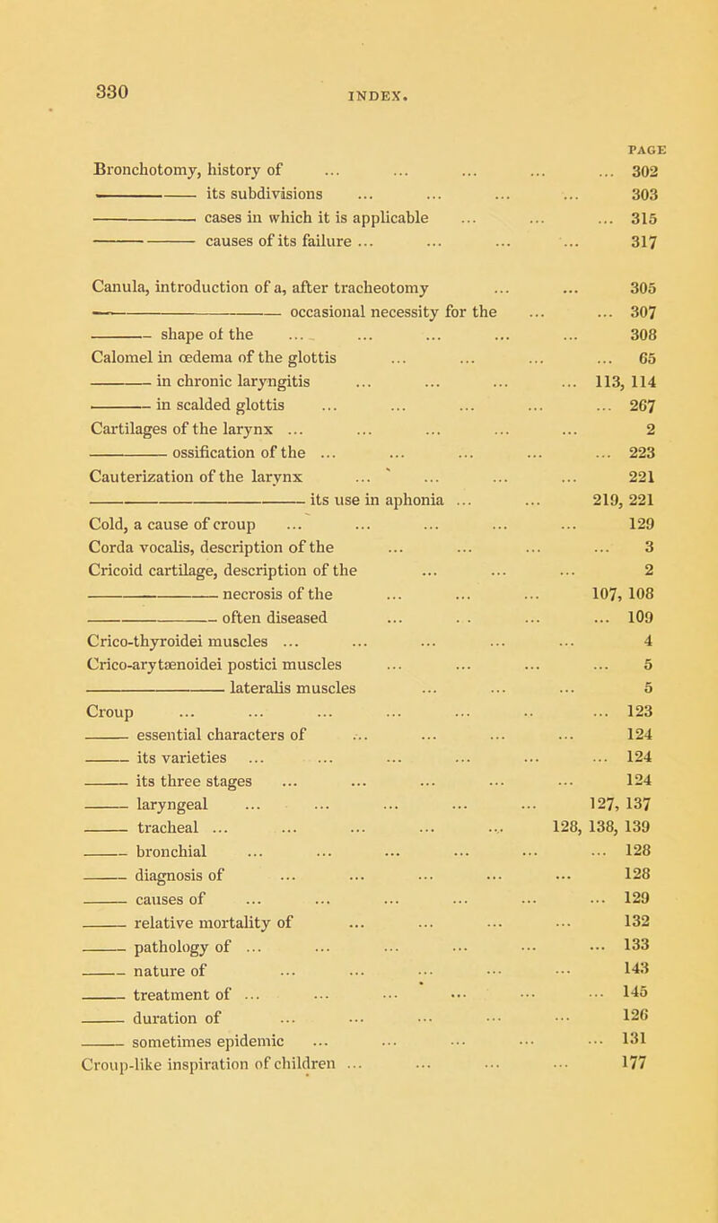 PAGE Bronchotomy, history of ... ... ... ... ... 302 ■ its subdivisions ... ... ... ... 303 cases in which it is applicable ... ... ... 315 causes of its failure ... ... ... ... 317 Canula, introduction of a, after tracheotomy ... ... 305 — occasional necessity for the ... ... 307 shape of the ... ... ... ... ... 308 Calomel in CEdema of the glottis ... ... ... ... 65 in chronic laryngitis ... ... ... ... 113,114 ■ in scalded glottis ... ... ... ... ... 267 Cartilages of the larynx ... ... ... ... ... 2 ossification of the ... ... ... ... ... 223 Cauterization of the larynx ... ... ... ... 221 its use in aphonia ... ... 219,221 Cold, a cause of croup ... ... ... ... ... 129 Corda vocalis, description of the ... ... ... ... 3 Cricoid cartilage, description of the ... ... ... 2 necrosis of the ... ... ... 107,108 often diseased ... .. ... ... 109 Crico-thyroidei muscles ... ... ... ... ... 4 Crico-arytaenoidei postici muscles ... ... ... ... 5 lateralis muscles ... ... ... 5 Croup ... ... ... ... ... .. ... 123 essential characters of ... ... ... ... 124 its varieties ... ... ... ... ... ... 124 its three stages ... ... ... ... ■-. 124 laryngeal ... ... ... ... ... 127, 137 tracheal ... ... ... ... .... 128, 138, 139 bronchial ... ... ... ... ••• ... 128 diagnosis of ... ... ... ... ... 128 causes of ... ... ... ... ... ... 129 relative mortality of ... ... ... ... 132 pathology of ... ... ... ••. ■•. ••• 133 nature of ... ... ... ••■ ••• 143 treatment of ... .■■ ■•• •■• •■• •■• 146 duration of .-■ •■• ••• •■• ••• 126 sometimes epidemic ... ... •.• ••• ••■ 131 Croup-like inspiration of children ... ... ... . •• 177
