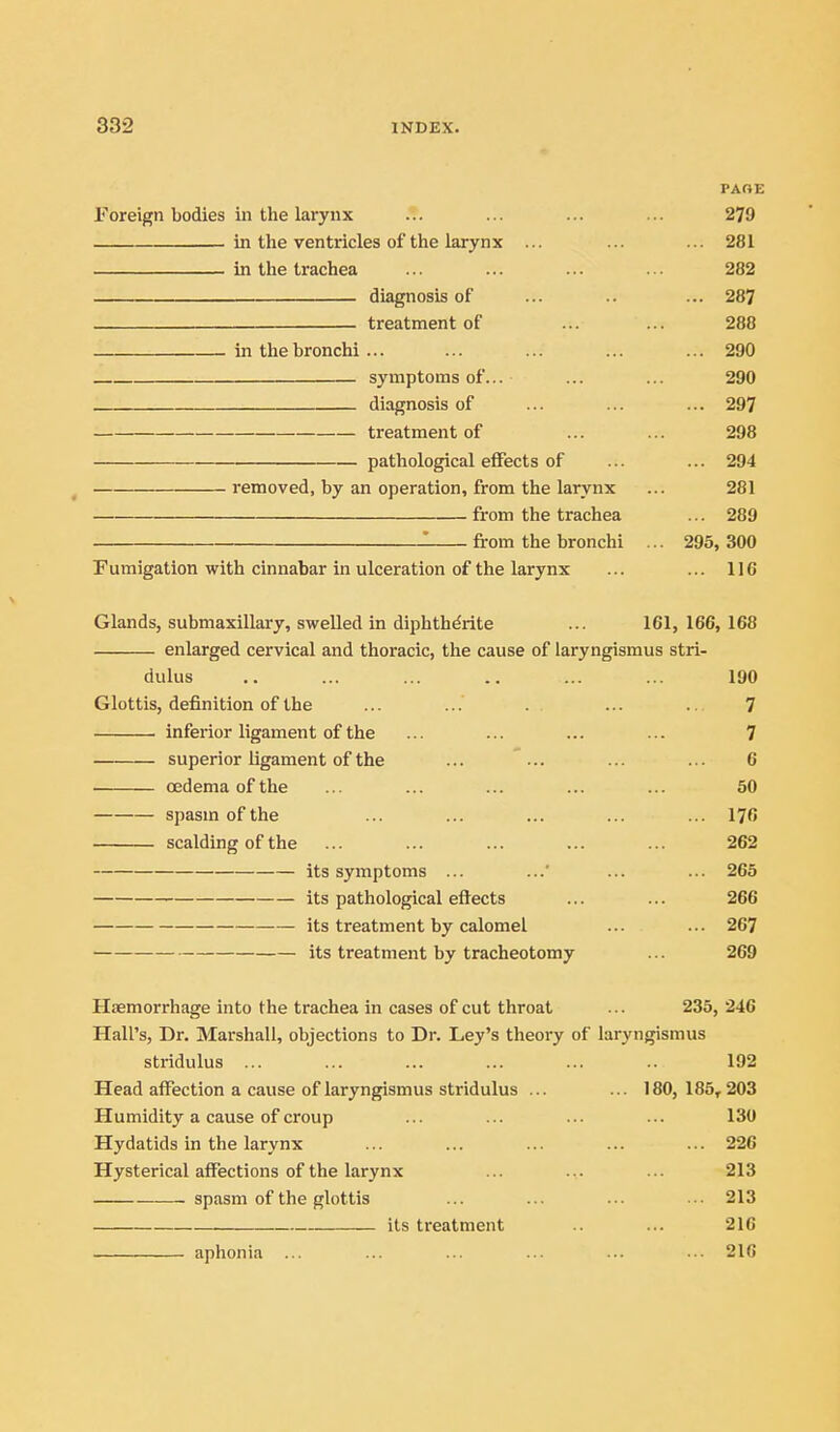 PAOE Foreign bodies in the larynx ... ... ... 279 ^ in the ventricles of the larynx ... ... ... 281 in the trachea ... ... ... ... 282 diagnosis of ... .. ... 287 treatment of ... ... 288 in the bronchi ... ... ... ... ... 290 symptoms of... ... ... 290 diagnosis of ... ... ... 297 treatment of ... ... 298 pathological effects of ... ... 294 removed, by an operation, from the larynx ... 281 from the trachea ... 289 1 from the bronchi ... 295, 300 Fumigation with cinnabar in ulceration of the larynx ... ... 116 Glands, submaxillary, swelled in diphthdrite ... 161, 166, 168 enlarged cervical and thoracic, the cause of laryngismus stri- dulus .. ... ... .. ... ... 190 Glottis, definition of the ... ... . . ... ., 7 inferior ligament of the ... ... ... ... 7 superior ligament of the ... ... ... ... 6 oedema of the ... ... ... ... ... 50 spasm of the ... ... ... ... ... 176 scalding of the ... ... ... ... ... 262 its symptoms ... ... ... ... 265 its pathological eftects ... ... 266 its treatment by calomel ... ... 267 its treatment by tracheotomy ... 269 Haemorrhage into the trachea in cases of cut throat ... 235,246 Hall's, Dr. Marshall, objections to Dr. Ley's theory of laryngismus stridulus ... ... ... ... ... .. 192 Head affection a cause of laryngismus stridulus ... ... 180,185,203 Humidity a cause of croup ... ... ... ... 130 Hydatids in the larynx ... ... ... ... ... 226 Hysterical affections of the larynx ... ... ... 213 spasm of the glottis ... ... ... ... 213 its treatment .. ... 216 aphonia ... ... ... ... ... ■•• 216