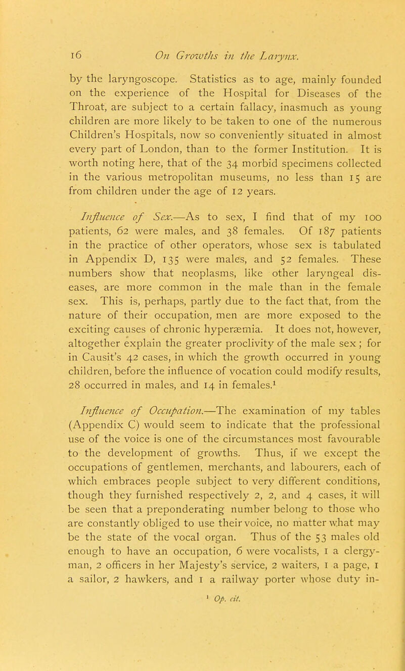 by the laryngoscope. Statistics as to age, mainly founded on the experience of the Hospital for Diseases of the Throat, are subject to a certain fallacy, inasmuch as young children are more likely to be taken to one of the numerous Children's Hospitals, now so conveniently situated in almost every part of London, than to the former Institution. It is worth noting here, that of the 34 morbid specimens collected in the various metropolitan museums, no less than 15 are from children under the age of 12 years. Influence of Sex.—As to sex, I find that of my 100 patients, 62 were males, and 38 females. Of 187 patients in the practice of other operators, whose sex is tabulated in Appendix D, 135 were males, and 52 females. These numbers show that neoplasms, like other laryngeal dis- eases, are more common in the male than in the female sex. This is, perhaps, partly due to the fact that, from the nature of their occupation, men are more exposed to the exciting causes of chronic hyperemia. It does not, however, altogether explain the greater proclivity of the male sex ; for in Causit's 42 cases, in which the growth occurred in young children, before the influence of vocation could modify results, 28 occurred in males, and 14 in females.1 Influence of Occupation.—The examination of my tables (Appendix C) would seem to indicate that the professional use of the voice is one of the circumstances most favourable to the development of growths. Thus, if we except the occupations of gentlemen, merchants, and labourers, each of which embraces people subject to very different conditions, though they furnished respectively 2, 2, and 4 cases, it will be seen that a preponderating number belong to those who are constantly obliged to use their voice, no matter what may be the state of the vocal organ. Thus of the 53 males old enough to have an occupation, 6 were vocalists, 1 a clergy- man, 2 officers in her Majesty's service, 2 waiters, 1 a page, 1 a sailor, 2 hawkers, and 1 a railway porter whose duty in- 1 Op. at.