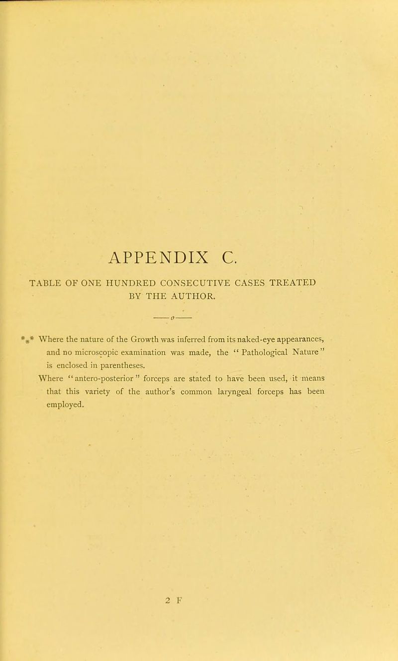 TABLE OF ONE HUNDRED CONSECUTIVE CASES TREATED BY THE AUTHOR. *#* Where the nature of the Growth was inferred from its naked-eye appearances, and no microscopic examination was made, the Pathological Nature is enclosed in parentheses. Where  antero-posterior  forceps are stated to have been used, it means that this variety of the author's common laryngeal forceps has been employed.