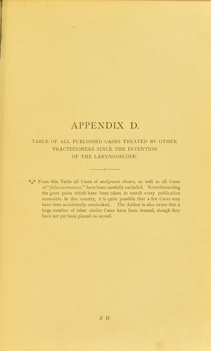 APPENDIX D. TABLE OF ALL PUBLISHED CASES TREATED BY OTHER PRACTITIONERS SINCE THE INVENTION OF THE LARYNGOSCOPE. o *** From this Table all Cases of malignant disease, as well as all Cases of false•excrescences, have been carefully excluded. Notwithstanding the great pains which have been taken to search every publication accessible in this country, it is quite possible that a few Cases may have been accidentally overlooked. The Author is also aware that a large number of other similar Cases have been treated, though they have not yet been placed on record. 2 II
