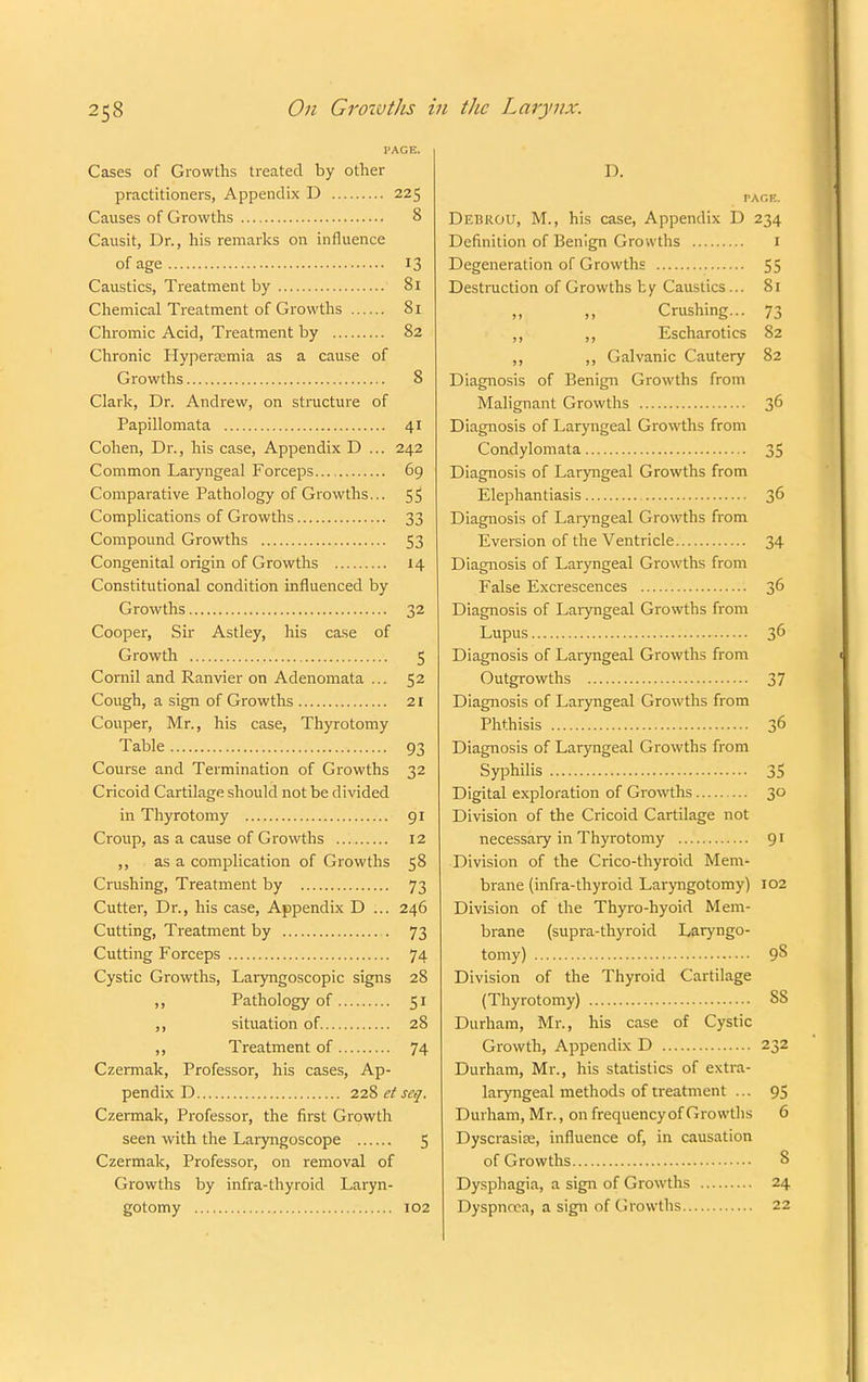 l'AGE. Cases of Growths treated by other practitioners, Appendix D 225 Causes of Growths 8 Causit, Dr., his remarks on influence of age 13 Caustics, Treatment by 81 Chemical Treatment of Growths 81 Chromic Acid, Treatment by 82 Chronic Hyperaemia as a cause of Growths 8 Clark, Dr. Andrew, on structure of Papillomata 41 Cohen, Dr., his case, Appendix D ... 242 Common Laryngeal Forceps..., 69 Comparative Pathology of Growths... 55 Complications of Growths 33 Compound Growths 53 Congenital origin of Growths 14 Constitutional condition influenced by Growths 32 Cooper, Sir Astley, his case of Growth 5 Cornil and Ranvier on Adenomata ... 52 Cough, a sign of Growths 21 Couper, Mr., his case, Thyrotomy Table 93 Course and Termination of Growths 32 Cricoid Cartilage should not be divided in Thyrotomy 91 Croup, as a cause of Growths 12 ,, as a complication of Growths 58 Crushing, Treatment by 73 Cutter, Dr., his case, Appendix D ... 246 Cutting, Treatment by . 73 Cutting Forceps 74 Cystic Growths, Laryngoscopic signs 28 ,, Pathology of 51 ,, situation of 28 ,, Treatment of 74 Czermak, Professor, his cases, Ap- pendix D 228 et scq. Czermak, Professor, the first Growth seen with the Laryngoscope 5 Czermak, Professor, on removal of Growths by infra-thyroid Laryn- gotomy 102 D. PAGE. Dr.iiROU, M., his case, Appendix D 234 Definition of Benign Growths 1 Degeneration of Growths 55 Destruction of Growths by Caustics... 81 „ ,, Crushing... 73 ,, ,, Escharotics 82 ,, ,, Galvanic Cautery 82 Diagnosis of Benign Growths from Malignant Growths 36 Diagnosis of Laryngeal Growths from Condylomata 35 Diagnosis of Laryngeal Growths from Elephantiasis 36 Diagnosis of Laryngeal Growths from Eversion of the Ventricle 34 Diagnosis of Laryngeal Growths from False Excrescences 36 Diagnosis of Laryngeal Growths from Lupus 36 Diagnosis of Laryngeal Growths from Outgrowths 37 Diagnosis of Laryngeal Growths from Phthisis 36 Diagnosis of Laryngeal Growths from Syphilis 35 Digital exploration of Growths 30 Division of the Cricoid Cartilage not necessary in Thyrotomy 91 Division of the Crico-thyroid Mem- brane (infra-thyroid Laryngotomy) 102 Division of the Thyro-hyoid Mem- brane (supra-thyroid Laryngo- tomy) 9$ Division of the Thyroid Cartilage (Thyrotomy) SS Durham, Mr., his case of Cystic Growth, Appendix D 232 Durham, Mr., his statistics of extra - laryngeal methods of treatment ... 95 Durham, Mr., on frequency of Growths 6 Dyscrasire, influence of, in causation of Growths o Dysphagia, a sign of Growths 24 Dyspnoea, a sign of Growths 22