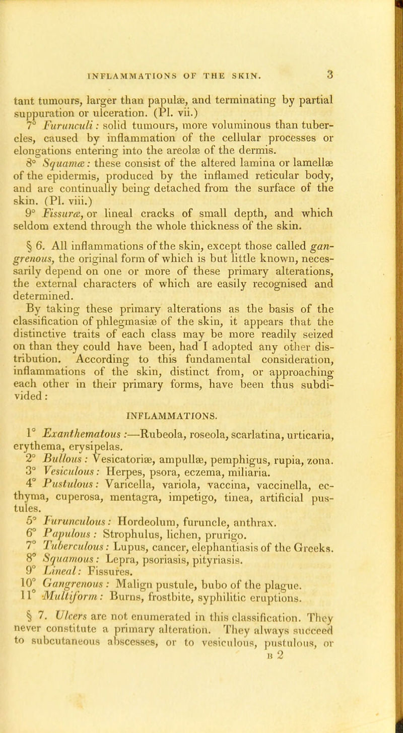 tant tumours, larger than papulae, and terminating by partial suppuration or ulceration. (PI. vii.) 7° Furunculi: solid tumours, more voluminous than tuber- cles, caused by inflammation of the cellular processes or elongations entering into the areolae of the dermis. 8° Squama: these consist of the altered lamina or lamellae of the epidermis, produced by the inflamed reticular body, and are continually being detached from the surface of the skin. (PI. viii.) 9° Fissura, or lineal cracks of small depth, and which seldom extend through the whole thickness of the skin. § 6. All inflammations of the skin, except those called gan- grenous, the original form of which is but little known, neces- sarily depend on one or more of these primary alterations, the external characters of which are easily recognised and determined. By taking these primary alterations as the basis of the classification of phlegmasiae of the skin, it appears that the distinctive traits of each class may be more readily seized on than they could have been, had I adopted any other dis- tribution. According to this fundamental consideration, inflammations of the skin, distinct from, or approaching each other in their primary forms, have been thus subdi- vided : INFLAMMATIONS. 1° Exanthematous :—Rubeola, roseola, scarlatina, urticaria, erythema, erysipelas. 2° Bullous : Vesicatoriae, ampullae, pemphigus, rupia, zona. 3° Vesiculous: Herpes, psora, eczema, miliaria. 4° Pustulous: Varicella, variola, vaccina, vaccinella, ec- thyma, cuperosa, mentagra, impetigo, tinea, artificial pus- tules. 5° Furunculous: Hordeolum, furuncle, anthrax. 6° Papulous : Strophulus, lichen, prurigo. 7° Tuberculous: Lupus, cancer, elephantiasis of the Greeks. 8° Squamous: Lepra, psoriasis, pityriasis. 9° Lineal: Fissures. 10° Gangrenous : Malign pustule, bubo of the plague. 11° -Multiform: Burns, frostbite, syphilitic eruptions. $1 7. Ulcers are not enumerated in this classification. They never constitute a primary alteration. They always succeed to subcutaneous abscesses, or to vesiculous, pustulous, or » 2