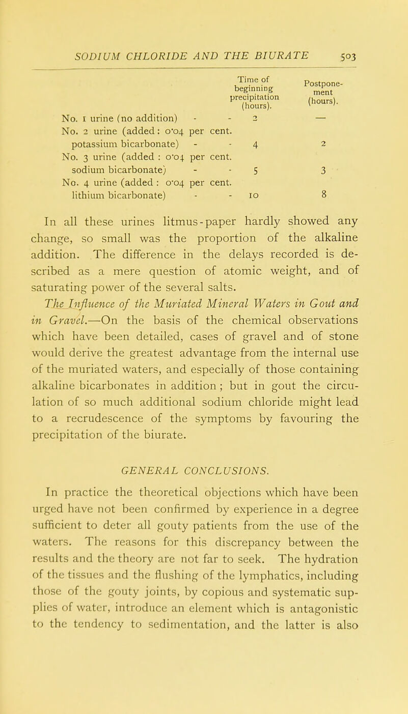 Time of beginning precipitation (hours). No. 1 urine (no addition) - - 2 No. 2 urine (added: 0*04 per cent. potassium bicarbonate) - - 4 No. 3 urine (added : 0*04 per cent. sodium bicarbonate) - - 5 No. 4 urine (added : 0-04 per cent. lithium bicarbonate) - - 10 In all these urines litmus-paper hardly showed any change, so small was the proportion of the alkaline addition. The difference in the delays recorded is de- scribed as a mere question of atomic weight, and of saturating power of the several salts. TlieJnfliience of the Muriated Mineral Waters in Gout and in Gravel.—On the basis of the chemical observations which have been detailed, cases of gravel and of stone would derive the greatest advantage from the internal use of the muriated waters, and especially of those containing alkaline bicarbonates in addition; but in gout the circu- lation of so much additional sodium chloride might lead to a recrudescence of the symptoms by favouring the precipitation of the biurate. GENERAL CONCLUSIONS. In practice the theoretical objections which have been urged have not been confirmed by experience in a degree sufficient to deter all gouty patients from the use of the waters. The reasons for this discrepancy between the results and the theory are not far to seek. The hydration of the tissues and the flushing of the lymphatics, including those of the gouty joints, by copious and systematic sup- plies of water, introduce an element which is antagonistic to the tendency to sedimentation, and the latter is also Postpone- ment (hours). 3 8