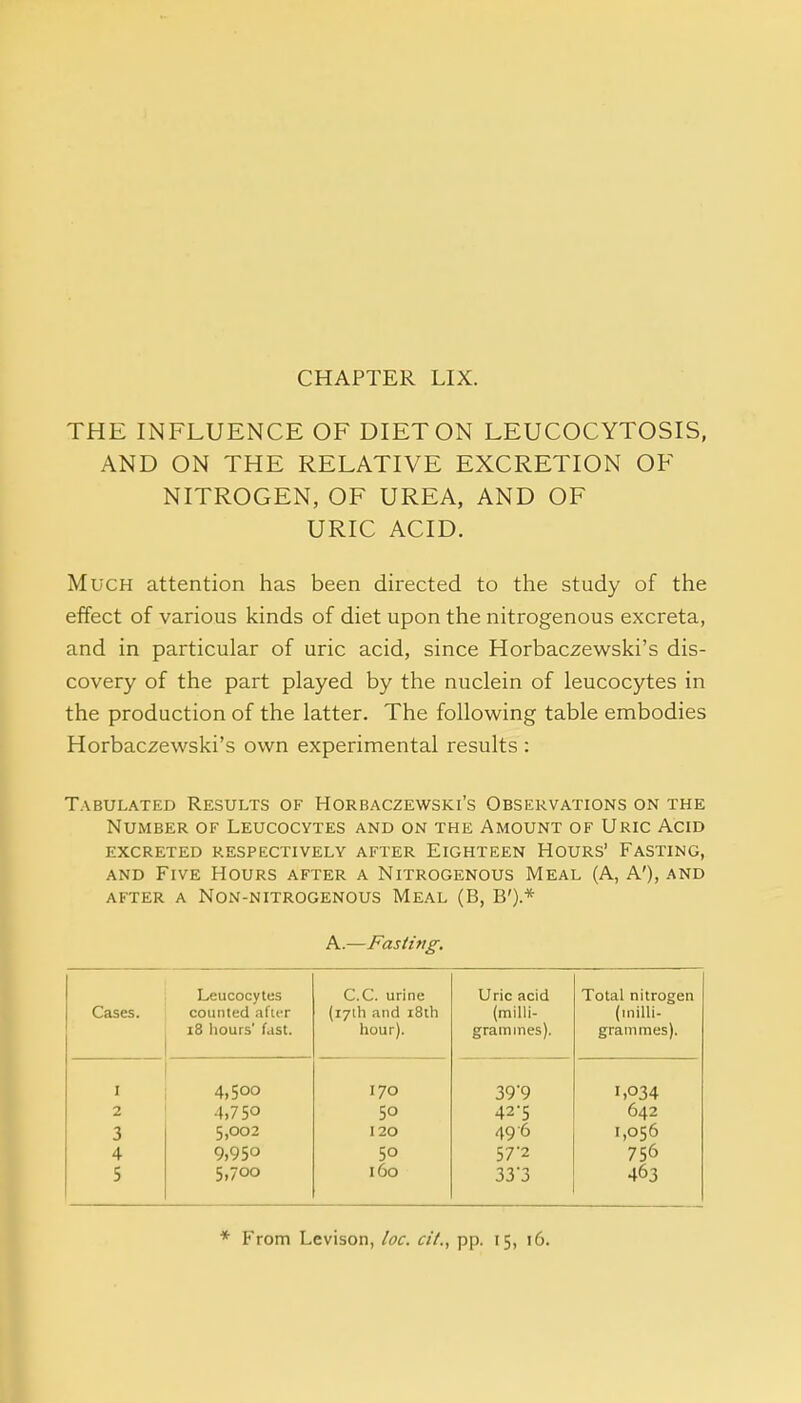 THE INFLUENCE OF DIET ON LEUCOCYTOSIS, AND ON THE RELATIVE EXCRETION OF NITROGEN, OF UREA, AND OF URIC ACID. Much attention has been directed to the study of the effect of various kinds of diet upon the nitrogenous excreta, and in particular of uric acid, since Horbaczewski's dis- covery of the part played by the nuclein of leucocytes in the production of the latter. The following table embodies Horbaczewski's own experimental results : Tabulated Results of Horbaczewski's Observations on the Number of Leucocytes and on the Amount of Uric Acid excreted respectively after eighteen hours' fasting, and Five Hours after a Nitrogenous Meal (A, A'), and after a Non-nitrogenous Meal (B, B').* A.—Fasting. Cases. Leucocytes counted after 18 hours' fast. C.C. urine (17th and 18th hour). I 4,500 170 2 4,750 50 3 5,002 120 4 9,950 50 5 5,700 160 Uric acid (milli- grammes). 399 42-5 496 57-2 333 Total nitrogen (milli- grammes). 1,034 642 1,056 756 403 * From Lcvison, loc. cit., pp. 15, 16.