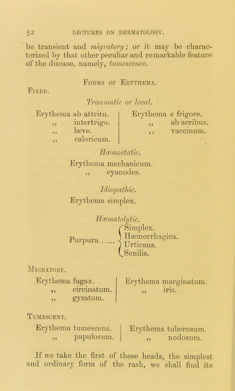 be transient and migratorij; or it may be charac- terized by that other peculiar and remarkable feature of the disease, namely, tumescence. Forms of Erythema Fixed. Traumatic or local. Erythema ab attritu. intertrigo, l^ve. caloricum. 5 J 5 J Erythema e frigore. ab acribus. J J vaccmum. ■ Hcemostatic. Erythema mechanicum. ,, cy anodes. Idiopathic. Erythema simplex. Ecematolytic. r Simplex. Purpura ] Urli^anf'''''' Senilis. Migratory. Erythema fugax. circinatum. „ gyratum. Erythema marginatum. ,, iris. Tumescent. Erythema tumescens. papulosum. Erythema tuberosum. „ nodosum. If we take the first of these heads, the simplest and ordinary form of the rash, we shall find its