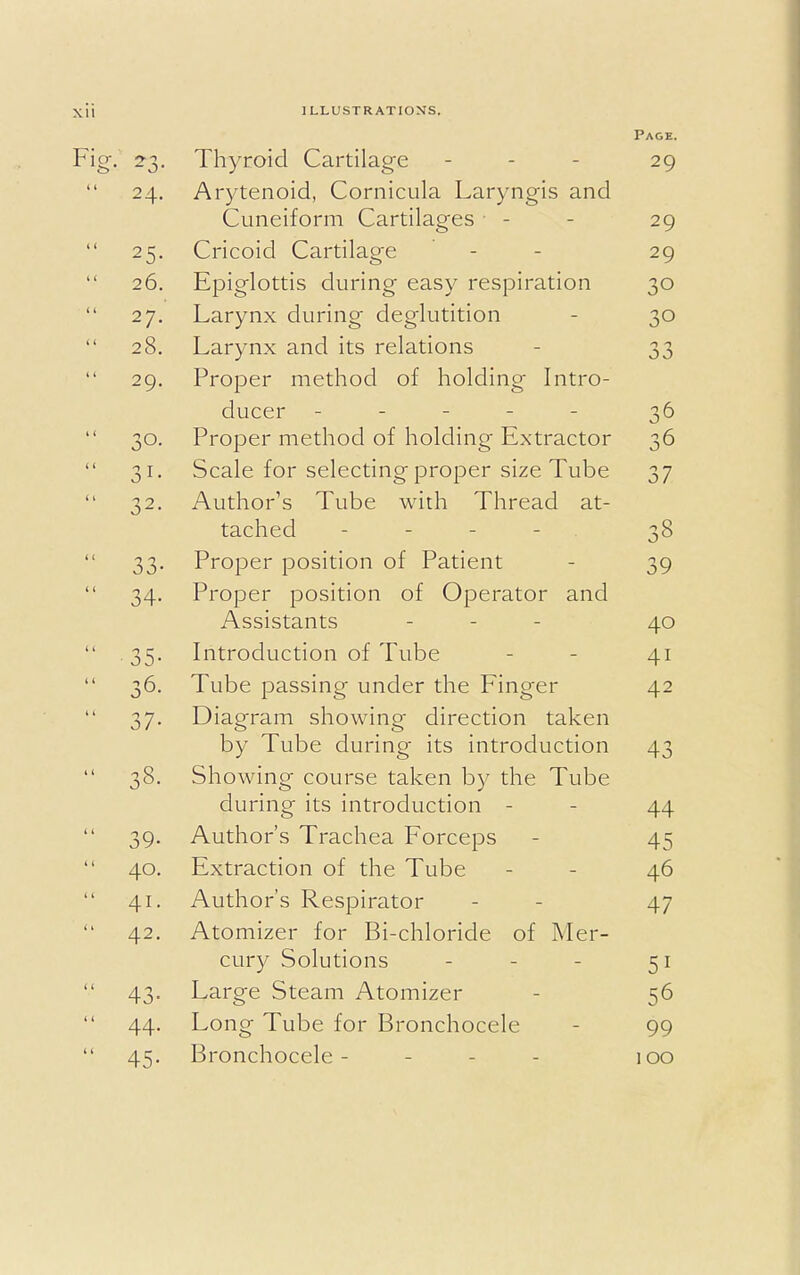 Page. Fig. i\. Thyroid Cartilao-e - 20 24. Arytenoid, Cornicula Laryno-is and Cuneiform Cartilages ■ - 29  25. Cricoid Cartilage 29  26. Epiglottis during easy respiration 30  27. Larynx during deglutition XO O  28. Larvnx and its relations  2Q Proner method of hoi diner Intro- _JL J. \_/ y_J 1 111 V_. 111 v L.I V_/ JL J. 1 V_/ 1 VI 1 1 X £^ 1 11 Ll V/ 3° Proner mpfhod of hold 1 no* Rvtrartor JL 1 V_/ L_/ 1 111 v_- Lll W L-l V X 11 W 1 VI 111 t J—' L 1 CL \_- L V/ 1  31. 0 Scale for selecting- proper size Tube 37  22. Author's Tube with Thread at- tached - ^8 3U  3 3 JO' Proner nosition of Patient OV  34. JT' Proper position of Operator and Assistants - 40 ■ oj- Introduction of Tube 1 j 1 l i v \_i L-i v- c 1 V,/ 1 1 v y jl 1 v j i_/ v 41 Tufop npssincr nndpr flip Fino'pr ±. LI !_/ v* k>f CL O O 111 g Ll 11 vl v_-1 L11 V— X 111 ^ V- 1 42 37- uiagram snowing airection taken by Tube durinp' its introduction 43 Showing course taken by the Tube during its introduction - 44  39- Author's Trachea Forceps 4^  40. Extraction of the Tube 46  4.1. Author s Resnirator  4.2 Atomizer for Ri-rhloride of lYTer- J. JL L V JL JL 11 V- 1 -I w 1 1—' 1 V. i 11 W 1 1 vl V_ V_/ JL cury Solutions 5 I  43- Large Steam Atomizer 56  44- Long Tube for Bronchocele 99  45- Bronchocele - 100