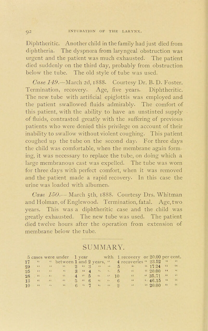 Diphtheritic. Another child in the family had just died from diphtheria. The dyspnoea from laryngeal obstruction was urgent and the patient was much exhausted. The patient died suddenly on the third day, probably from obstruction below the tube. The old style of tube was used. Case 149.—March 2d, 1888. Courtesy Dr. B. D. Foster. Termination, recovery. Age, five years. Diphtheritic. The new tube with artificial epiglottis was employed and the patient swallowed fluids admirably. The comfort of this patient, with the ability to have an unstinted supply of fluids, contrasted greatly with the suffering of previous patients who were denied this privilege on account of their inability to swallow without violent coughing. This patient coughed up the tube on the second day. For three days the child was comfortable, when the membrane again form- ing, it was necessary to replace the tube, on doing which a large membranous cast was expelled. The tube was worn for three days with perfect comfort, when it was removed and the patient made a rapid recovery. In this case the urine was loaded with albumen. Case 150.— March 5th, 1888. Courtesy Drs. Whitman and Holman, of Englewood. Termination, fatal. Age, two years. This was a diphtheritic case and the child was greatly exhausted. The new tube was used. The patient died twelve hours after the operation from extension of membrane beiow the tube. SUMMARY. 5 cases were under 1 year with 1 recovery or 20.00 per cent. 17   between 1 and 2 years,  4 recoveries  23.52   29    2  3 •'  5   17.24   25    3  4 ,; '■ fi   20.00   28    4  5   10   35.71  13    5  6  '• 6  '• 46.15   10   6  7   2   20.00  