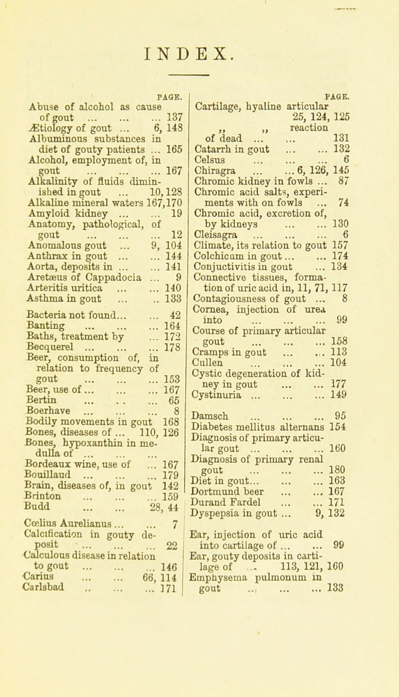 INDEX. PAGE. Abuse of alcohol as cause of gout 137 .Etiology of gout ... 6,148 Albuminous substances in diet of gouty patients ... 165 Alcohol, employment of, in gout 167 Alkalinity of fluids dimin- ished in gout ... 10,128 Alkaline mineral waters 167,170 Amyloid kidney 19 Anatomy, pathological, of gout 12 Anomalous gout ... 9, 104 Anthrax in gout 144 Aorta, deposits in 141 Aretaeus of Cappadocia ... 9 Arteritis uritica 140 Asthma in gout ... ..133 Bacteria not found 42 Banting 164 Baths, treatment by ... 172 Becquerel 178 Beer, consumption of, in relation to frequency of gout 153 Beer, use of 167 Bertin 65 Boerhave 8 Bodily movements in gout 168 Bones, diseases of ... 110, 126 Bones, hypoxanthin in me- dulla of Bordeaux wine, use of ... 167 Bouillaud 179 Brain, diseases of, in gout 142 Brinton 159 Budd 28, 44 Ccelius Aurelianus 7 Calcification in gouty de- posit 22 Calculous disease in relation to gout 146 Carius 66, 114 Carlsbad ]71 PAGE. Cartilage, hyaline articular 25, 124, 125 ,, „ reaction of dead 131 Catarrh in gout 132 Celsus 6 Chiragra 6, 126, 145 Chromic kidney in fowls ... 87 Chromic acid salts, experi- ments with on fowls ... 74 Chromic acid, excretion of, by kidneys 130 Cleisagra 6 Climate, its relation to gout 157 Colchicum in gout 174 Conjuctivitis in gout ... 134 Connective tissues, forma- tion of uric acid in, 11, 71, 117 Contagiousness of gout ... 8 Cornea, injection of urea into 99 Course of primary articular gout 158 Cramps in gout 113 Cullen 104 Cystic degeneration of kid- ney in gout ... ... 177 Cystinuria 149 Damsch 95 Diabetes mellitus alternans 154 Diagnosis of primary articu- lar gout 160 Diagnosis of primary renal gout 180 Diet in gout 163 Dortmund beer 167 Durand Fardel 171 Dyspepsia in gout ... 9, 132 Ear, injection of uric acid into cartilage of 99 Ear, gouty deposits in carti- lage of ... 113,121,160 Emphysema pulmonum in gout 133