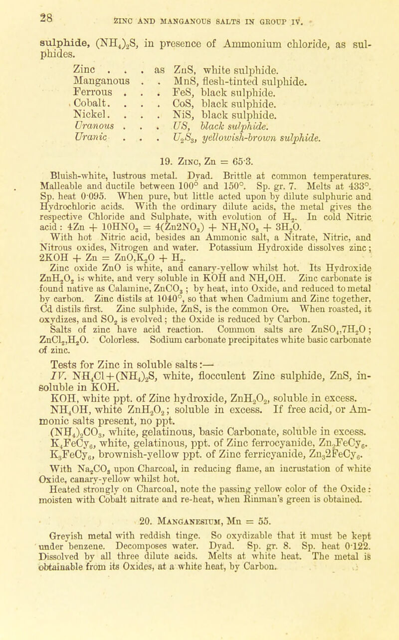 ZINC AND MANGAN0U8 SALTS IN GROUP IV. sulphide, (NH4)2S, in presence of Ammonium chloride, as sul- phides. Zinc ... as ZuS, white sulphide. Manganous Ferrous . .Cobalt. . Nickel. Uranous . Urartic MnS, flesh-tinted sulphide. FeS, black sulphide. CoS, black sulphide. NiS, black sulphide. US, black sulphide. U2SS, yellowish-brown sulphide. 19. Zinc, Zn = 65 3. Bluish-white, lustrous metal. Dyad. Brittle at common temperatures. Malleable and ductile between 100° and 150°. Sp. gr. 7. Melts at 433°. Sp. heat 0 095. When pure, but little acted upon by dilute sulphuric and Hydrochloric acids. With the ordinary dilute acids, the metal gives the respective Chloride and Sulphate, with evolution of H„. In cold Nitric acid: 4Zn + 10HNO3 = 4(Zn2N03) + NH4N03 + 3H20. With hot Nitric acid, besides an Amnionic salt, a Nitrate, Nitric, and Nitrous oxides, Nitrogen and water. Potassium Hydroxide dissolves zinc; 2KOH + Zn = ZnO,K,0 + H2. Zinc oxide ZnO is white, and canary-yellow whilst hot. Its Hydroxide ZnHjOj is white, and very soluble in KOfl and NH4OH. Zinc carbonate is found native as Calamine, ZnC03; by heat, into Oxide, and reduced to metal by carbon. Zinc distils at 1040°, so that when Cadmium and Zinc together, Cd distils first. Zinc sulphide, ZnS, is the common Ore. When roasted, it oxydizes, and S02 is evolved; the Oxide is reduced by Carbon. Salts of zinc have acid reaction. Common salts are ZnS04.7H20; ZnCl2,H20. Colorless. Sodium carbonate precipitates white basic carbonate of zinc. Tests for Zinc in soluble salts:— IV. Nfl4Cl + (NH4)2S, white, flocculent Zinc sulphide, ZnS, in- soluble in KOH. KOH, white ppt. of Zinc hydroxide, ZnH202, soluble in excess. NH4OH, white ZnH202; soluble in excess. If free acid, or Am- nionic salts present, no ppt. (NH4)2C03, white, gelatinous, basic Carbonate, soluble in excess. K4FeCy0, white, gelatinous, ppt. of Zinc ferrocyanide, Zn2FeCy6. K3FeCy0, brownish-yellow ppt. of Zinc ferricyanide, Zn32FeCy6. With Na2C03 upon Charcoal, in reducing flame, an incrustation of white Oxide, canary-yellow whilst hot. Heated strongly on Charcoal, note the passing yellow color of the Oxide : moisten with Cobalt nitrate and re-heat, when Binman's green is obtained. 20. Manganesitjm, Mn = 55. Greyish metal with reddish tinge. So oxydizable that it must be kept under benzene. Decomposes water. Dyad. Sp. gr. 8. Sp. heat 0-122. Dissolved by all three dilute acids. Melts at white heat. The metal is obtainable from its Oxides, at a white heat, by Carbon.