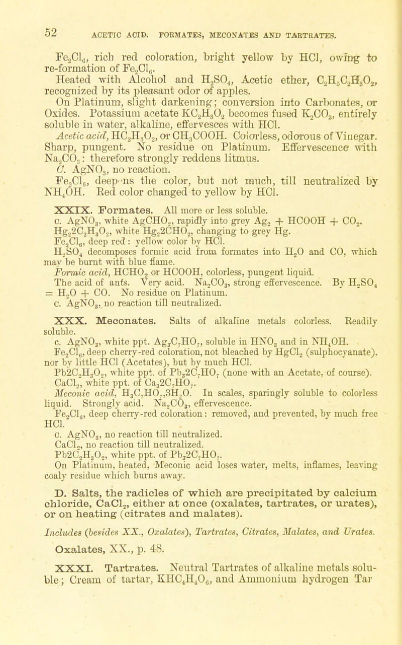 Fe2ClG, rich red coloration, bright yellow by HC1, owing to re-formation of Fe2Cl6. Heated with Alcohol and H2S04, Acetic ether, C2H;,C2H302, recognized by its pleasant odor of apples. On Platinum, slight darkening; conversion into Carbonates, or Oxides. Potassium acetate KC2Hs02 becomes fused K2C03, entirely soluble in water, alkaline, effervesces with HC1. Acetic acid, HC2H302, or GH3COOH. Colorless, odorous of Vinegar. Sharp, pungent. No residue on Platinum. Effervescence with Na2COs: therefore strongly reddens litmus. 0. AgN03, no reaction. Fe2Cl,i, deepns the color, but not much, till neutralized by NH4OH. Bed color changed to yellow by HOI. XXIX. Formates. All more or less soluble. c. AgN03, white AgCHO.,, rapidly into grey Ag, + HCOOH + CO„. Hg22C2H302, white Hg,2CH02, changing to grey Hg. Fe2Cl6, deep red : yellow color by HC1. H2S04 decomposes formic acid from formates into H20 and CO, which may be burnt with blue flame. Formic acid, HCH02 or HCOOH, colorless, pungent liquid. The acid of ants. Very acid. Na2C03, strong effervescence. By H„S04 = H20 + CO. No residue on Platinum. c. AgN03, no reaction till neutralized. XXX. Meconates. Salts of alkaline metals colorless. Readily soluble. c. AgN03, white ppt. AgjC7HO., soluble in HN03 and in NH4OH. Fe2Cl6, deep cherry-red coloration, not bleached by HgCl, (sulphocyanate). nor by little HOI (Acetates), but by much HC1. Pb2CH30.,, white ppt. of Pb32CH07 (none with an Acetate, of course). CaCl2, white ppt. of Ca32C.H07. Meconic acid, H3C7H0.,3H20. In scales, sparingly soluble to colorless liquid. Strongly acid. Na2C03, effervescence. FejCly, deep cherry-red coloration: removed, and prevented, by much free HC1. c. AgN03, no reaction till neutralized. CaCl2, no reaction till neutralized. Pb2C2H30„, white ppt. of Pb?2C.H07. On Platinum, heated, Meconic acid loses water, melts, inflames, leaving coaly residue which burns away. D. Salts, the radicles of which are precipitated by calcium chloride, CaCL, either at once (oxalates, tartrates, or ui^ates), or on heating (citrates and rnalates). Includes (besides XX., Oxalates'), Tartrates, Citrates, Malates, and Urates. Oxalates, XX., p. 48. XXXI. Tartrates. Neutral Tartrates of alkaline metals solu- ble ; Cream of tartar, KHC4H400, and Ammonium hydrogen Tar