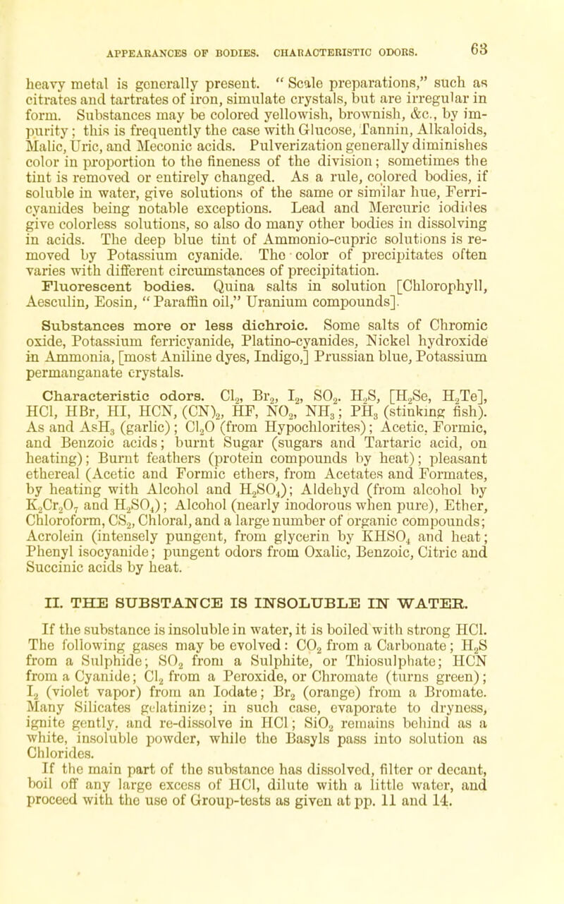 APPEARANCES OF BODIES. CHARACTERISTIC ODORS. heavy metal is gonerally present.  Scale preparations, such aR citrates and tartrates of iron, simulate crystals, but are irregular in form. Substances may be colored yellowish, brownish, &c, by im- purity ; this is frequently the case with Glucose, Tannin, Alkaloids, Malic, Uric, and Meconic acids. Pulverization generally diminishes color in proportion to the fineness of the division; sometimes the tint is removed or entirely changed. As a rule, colored bodies, if soluble in water, give solutions of the same or similar hue, Ferri- cyanides being notable exceptions. Lead and Mercuric iodides give colorless solutions, so also do many other bodies in dissolving in acids. The deep blue tint of Ammonio-cupric solutions is re- moved by Potassium cyanide. The ■ color of precipitates often varies with different circumstances of precipitation. Fluorescent bodies. Quina salts in solution [Chlorophyll, Aesculin, Eosin, Paraffin oil, Uranium compounds]. Substances more or less dichxoic. Some salts of Chromic oxide, Potassium ferricyanide, Platino-cyanides, Nickel hydroxide in Ammonia, [most Aniline dyes, Indigo,] Prussian blue, Potassium permanganate crystals. Characteristic odors. Cl„ Br2, I2, S02. H.,S, [H2Se, H2Te], HC1, HBr, HI, HCN, (CN)2, HF, N02, NH3; PH3 (stinking fish). As and AsH3 (garlic) ; C120 (from Hypochlorites); Acetic, Formic, and Benzoic acids; burnt Sugar (sugars and Tartaric acid, on heating); Burnt feathers (protein compounds by heat); pleasant ethereal (Acetic and Formic ethers, from Acetates and Formates, by heating with Alcohol and H2S04); Aldehyd (from alcohol by K2Cr207 and H2S04); Alcohol (nearly inodorous when pure), Ether, Chloroform, CS2, Chloral, and a large number of organic compounds; Acrolein (intensely pungent, from glycerin by KHS04 and heat; Phenyl isocyanide; pungent odors from Oxalic, Benzoic, Citric and Succinic acids by heat. II. THE SUBSTANCE IS INSOLUBLE IN WATER. If the substance is insoluble in water, it is boiled with strong HC1. The following gases may be evolved: C02 from a Carbonate; H2S from a Sulphide; S02 from a Sulphite, or Thiosulphate; HCN from a Cyanide; Cl2 from a Peroxide, or Chromate (turns green); I2 (violet vapor) from an Iodate; Br2 (orange) from a Bromate. Many Silicates gelatinize; in such case, evaporate to dryness, ignite gently, and re-dissolve in HC1; Si02 remains behind as a white, insoluble powder, while the Basyls pass into solution as Chlorides. If the main part of the substance has dissolved, filter or decant, boil off any large excess of IIC1, dilute with a little water, and proceed with the use of Group-tests as given at pp. 11 and 14.