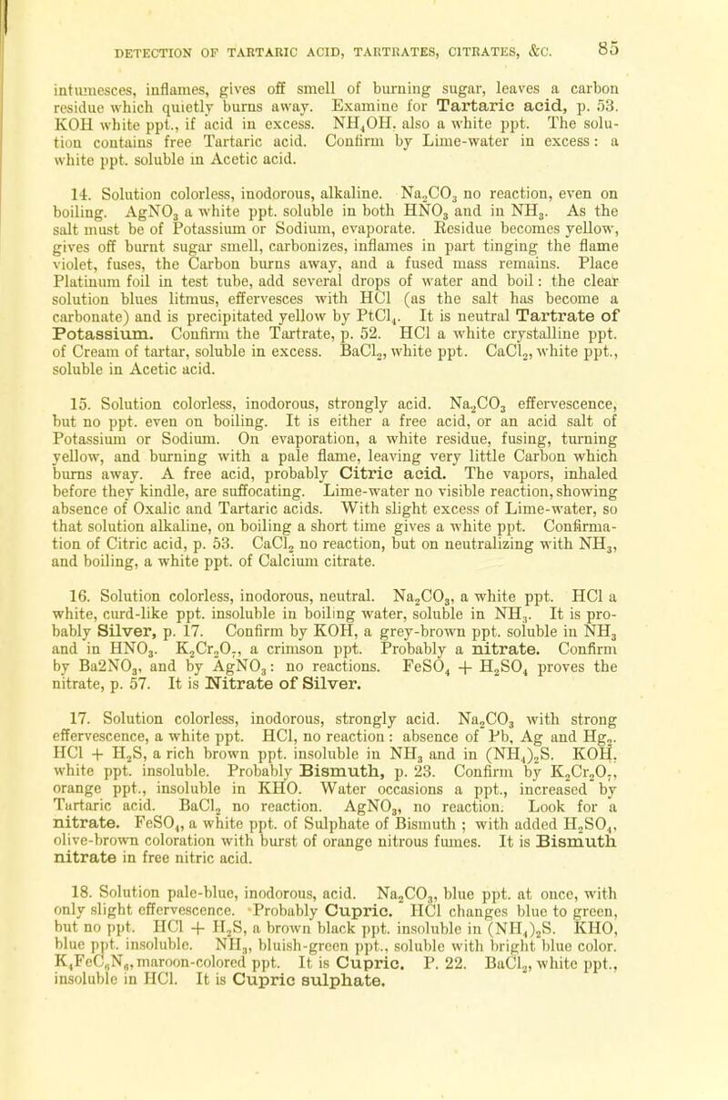 intumesces, inflames, gives off smell of burning sugar, leaves a carbon residue which quietly burns away. Examine lor Tartaric acid, p. 53. KOH white ppt,, if acid in excess. NH4OH. also a white ppt. The solu- tion contains free Tartaric acid. Confirm by Lime-water in excess: a white ppt. soluble in Acetic acid. 14. Solution colorless, inodorous, alkaline. Na2C03 no reaction, even on boiling. AgN03 a white ppt. soluble in both HN03 and in NH3. As the salt must be of Potassium or Sodium, evaporate. Eesidue becomes yellow, gives off burnt sugar smell, carbonizes, inflames in part tinging the flame violet, fuses, the Carbon burns away, and a fused mass remains. Place Platinum foil in test tube, add several drops of water and boil: the clear solution blues litmus, effervesces with HC1 (as the salt has become a carbonate) and is precipitated yellow by PtCl4. It is neutral Tartrate of Potassium. Confirm the Tartrate, p. 52. HC1 a white crystalline ppt. of Cream of tartar, soluble in excess. BaCl2, white ppt. CaCL, white ppt., soluble in Acetic acid. 15. Solution colorless, inodorous, strongly acid. Na2C03 effervescence, but no ppt. even on boiling. It is either a free acid, or an acid salt of Potassium or Sodium. On evaporation, a white residue, fusing, turning yellow, and burning with a pale flame, leaving very little Carbon which burns away. A free acid, probably Citric acid. The vapors, inhaled before they kindle, are suffocating. Lime-water no visible reaction, showing absence of Oxalic and Tartaric acids. With slight excess of Lime-water, so that solution alkaline, on boiling a short time gives a white ppt. Confirma- tion of Citric acid, p. 53. CaCl2 no reaction, but on neutralizing with NH3, and boiling, a white ppt. of Calcium citrate. 16. Solution colorless, inodorous, neutral. Na2C03, a white ppt. HC1 a white, curd-like ppt. insoluble in boiling water, soluble in NH3. It is pro- bably Silver, p. 17. Confirm by KOH, a grey-brown ppt. soiuble in NH3 and in HN03. K2Cr207, a crimson ppt. Probably a nitrate. Confirm by Ba2N03, and by AgN03: no reactions. FeS04 + H2S04 proves the nitrate, p. 57. It is Nitrate of Silver. 17. Solution colorless, inodorous, strongly acid. Na2C03 with strong effervescence, a white ppt. HC1, no reaction : absence of Pb, Ag and Hg2. IIC1 + H2S, a rich brown ppt. insoluble in NH3 and in (NH4)2S. KOH, white ppt. insoluble. Probably Bismuth, p. 23. Confirm by K2Cr207, orange ppt., insoluble in KHO. Water occasions a ppt., increased by Tartaric acid. BaCl2 no reaction. AgN03, no reaction. Look for a nitrate. FeSO.„ a white ppt. of Sulphate of Bismuth ; with added H2S04, olive-brown coloration with burst of orange nitrous fumes. It is Bismuth nitrate in free nitric acid. 18. Solution pale-blue, inodorous, acid. Na2C03, blue ppt. at once, with only slight effervescence. Probably Cupric. HC1 changes blue to green, but no ppt, IIC1 + H2S, a brown black ppt. insoluble in (NH4)„S. KHO, blue ppt. insoluble. NH„ bluish-green ppt., soluble with bright blue color. K,FeC„N„,maroon-colored ppt. It is Cupric. P. 22. BaCl2, white ppt., insoluble in HC1. It is Cupric sulphate.